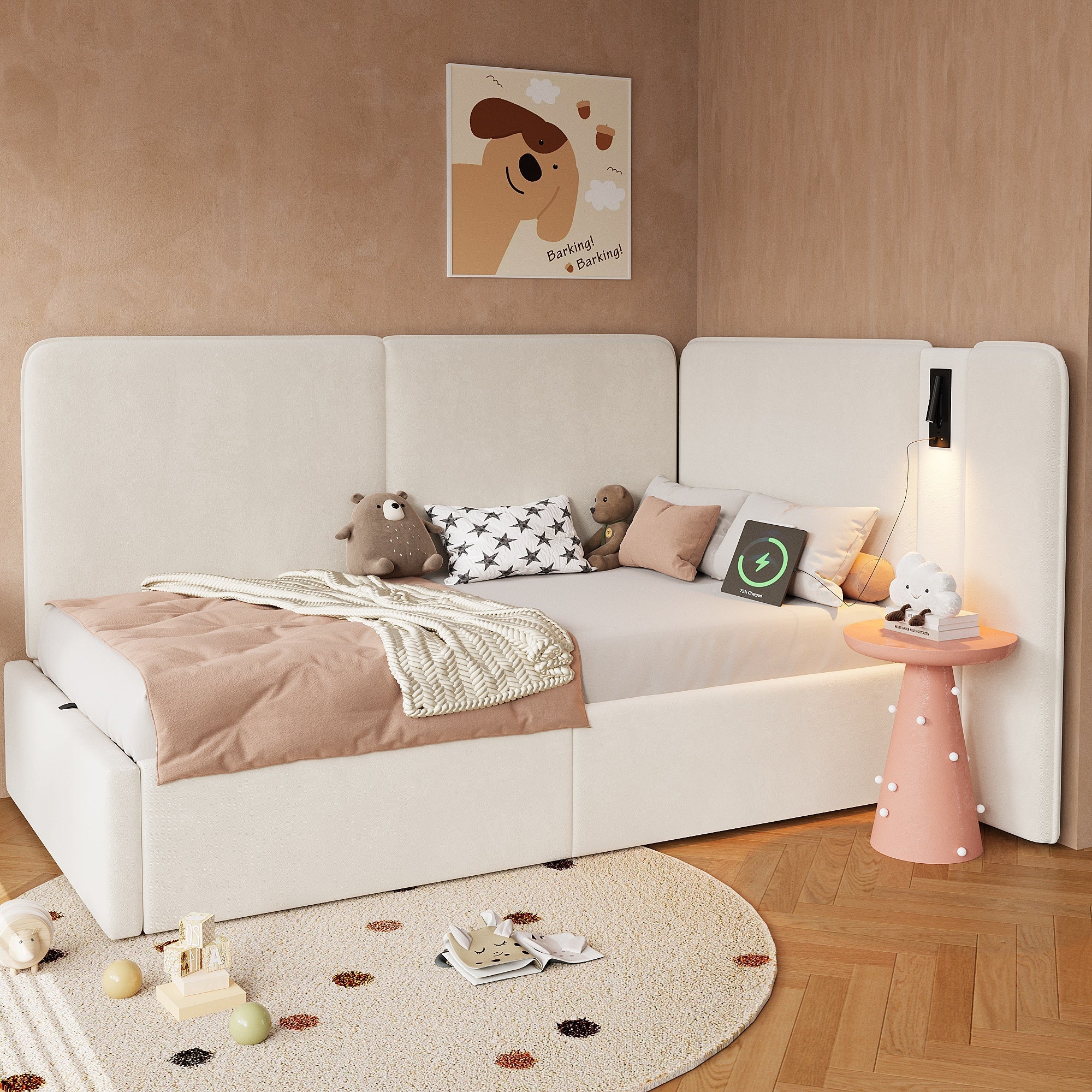Daybed with Hydraulic Storage, USB Port and Reading Lamp, 90x200cm, Beige Velvet