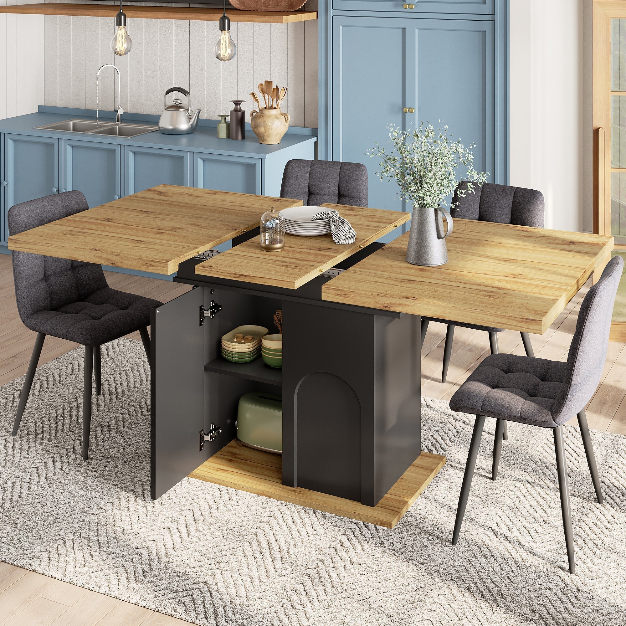 Telescopic Dining Table 110-140x80cm Extendable Foldable Storage Cabinet