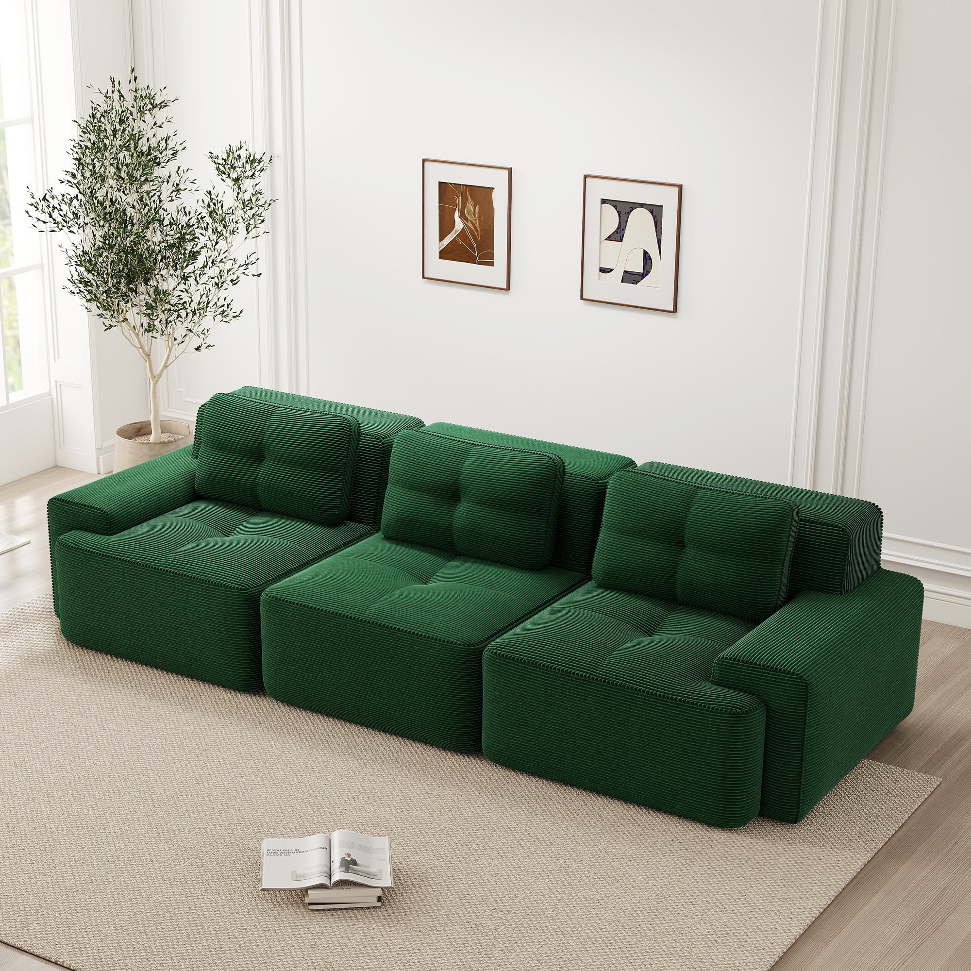 Cloud Modular Sofa Oversized Corner 3-Seater Low Seat Assembly-Free - Corduroy Green