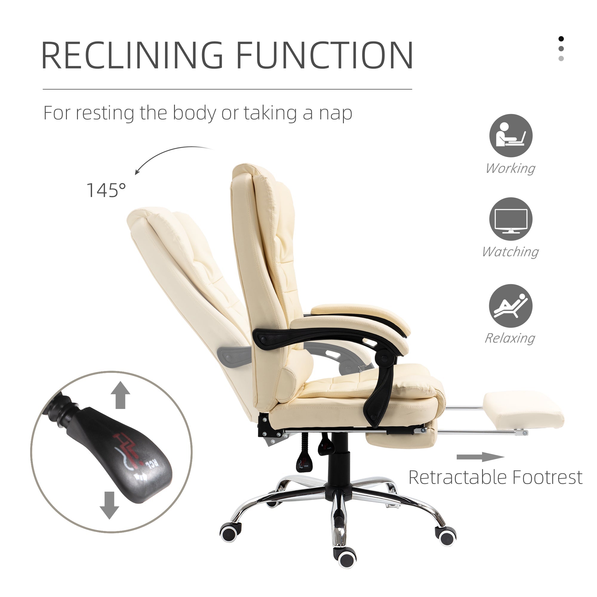 Executive Office Chair Swivel, Reclining, Retractable Footrest Cream White Faux Leather