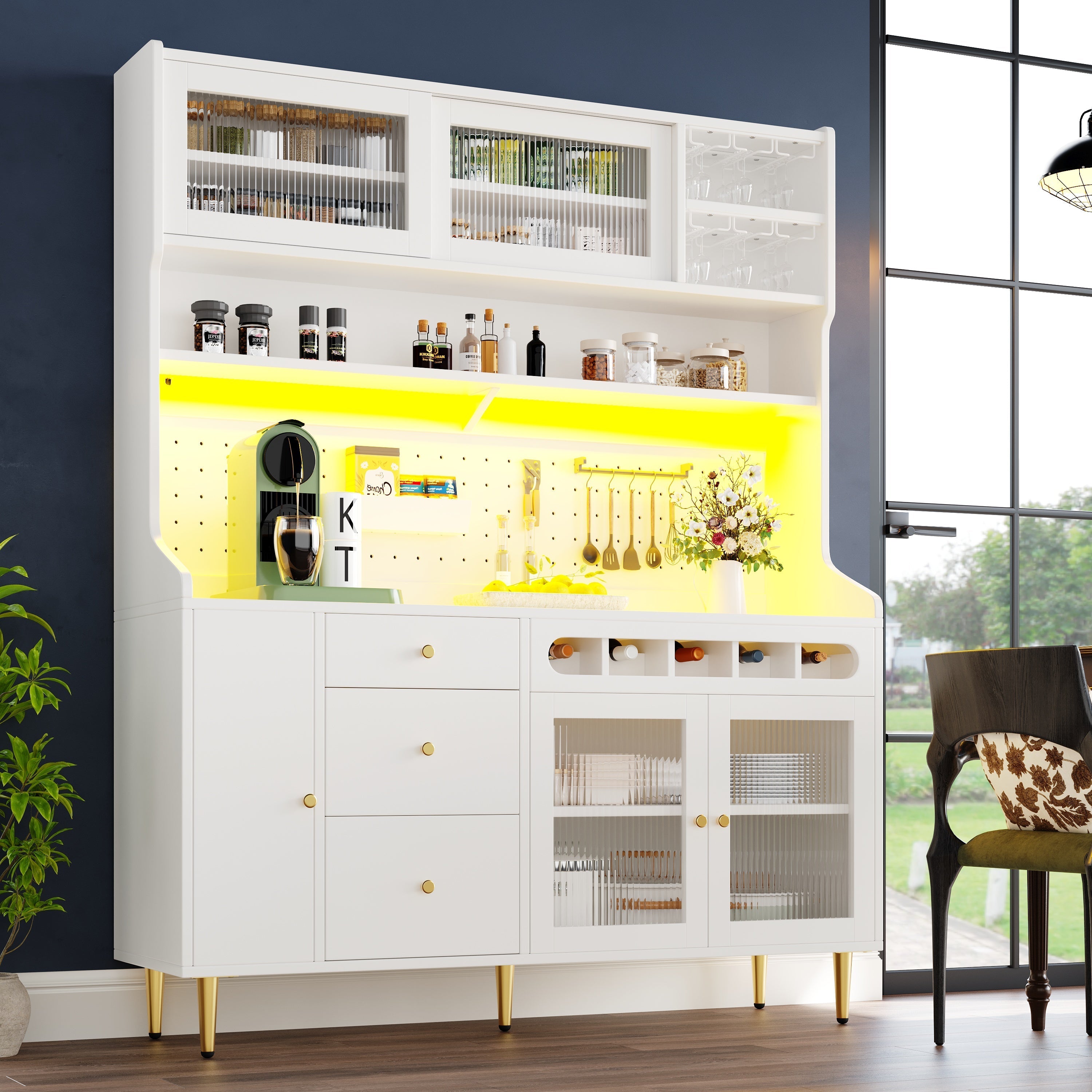Tall Cabinet 145x39x171cm Adjustable Shelves LED Lighting Wine Rack white