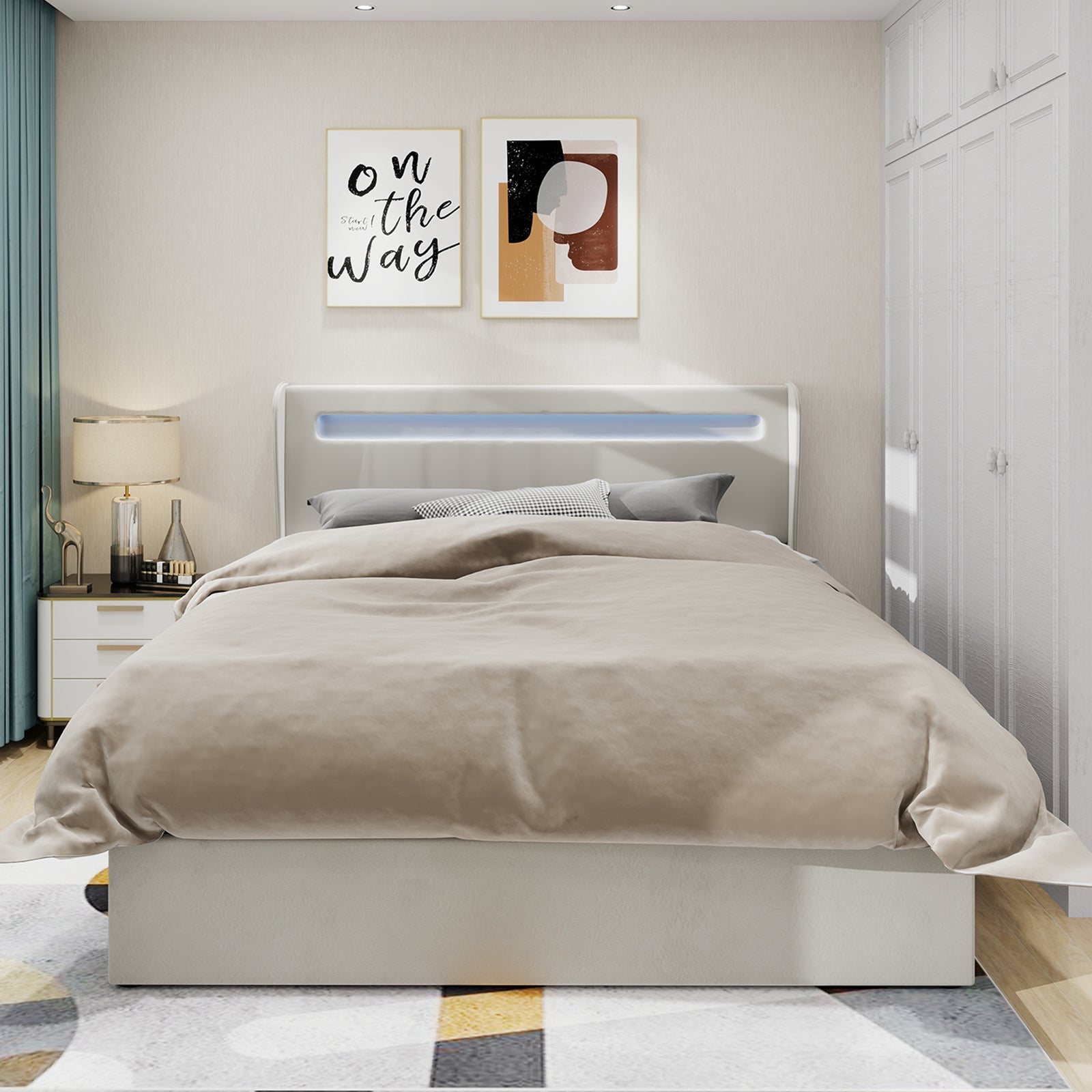 Modern Minimalist Upholstered Bed with LED Headboard, 140x200 cm, Beige