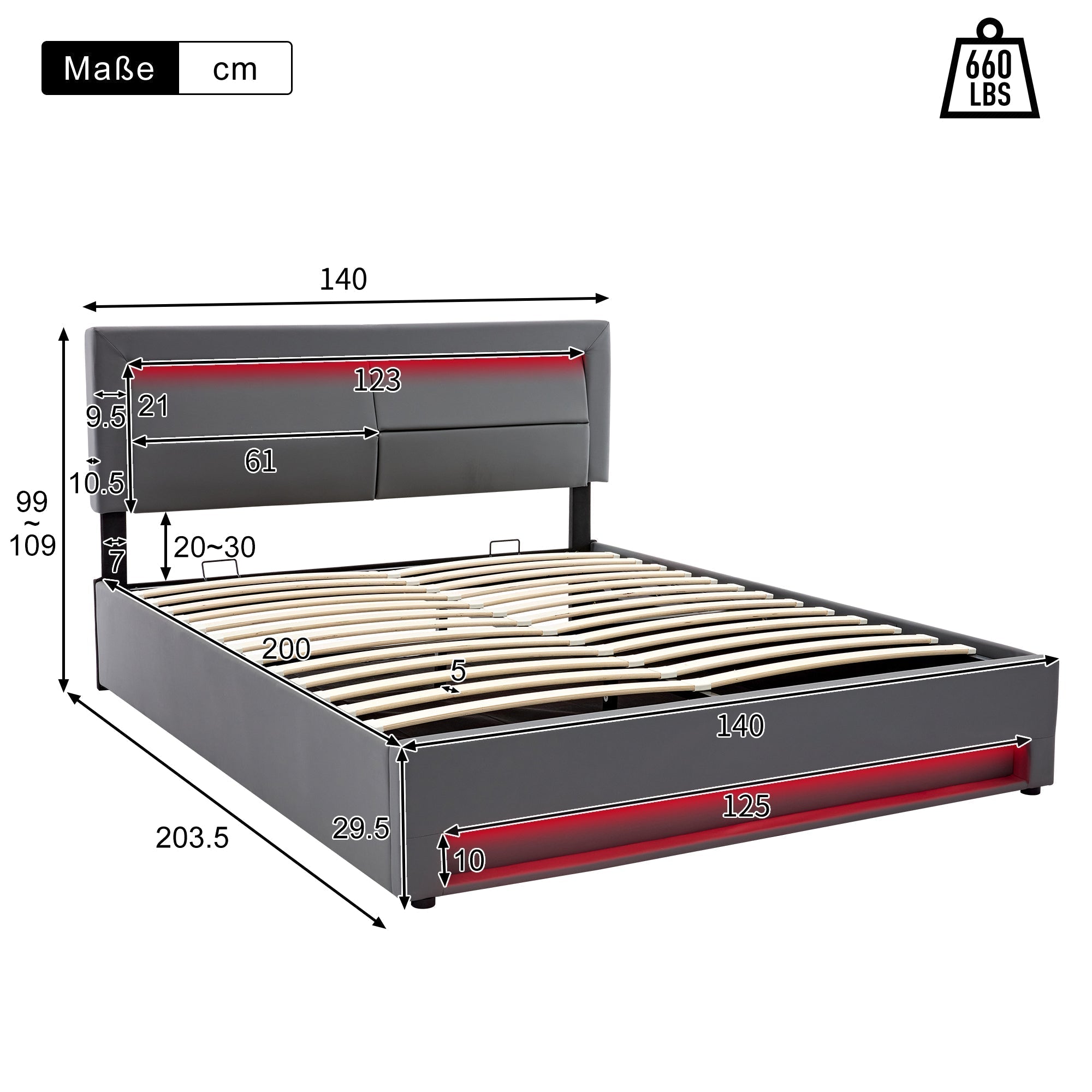 Upholstered Bed 140x200cm USB Charging LED Light Storage PU Lychee Grey