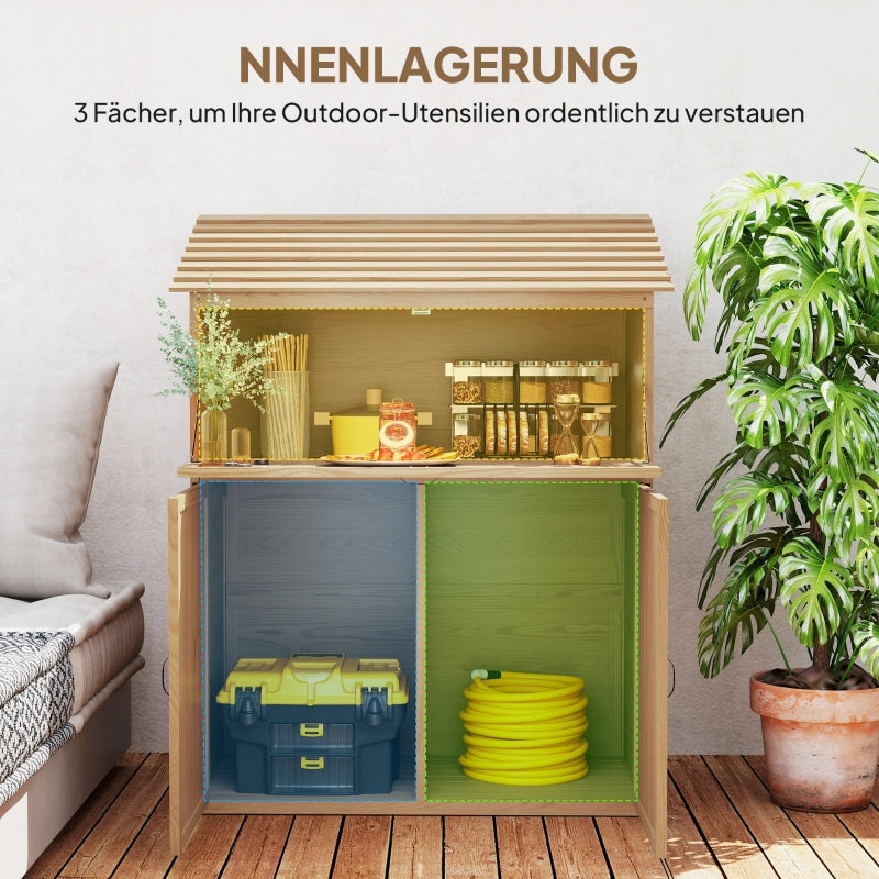 Gartenschrank, Geräteschuppen mit Klappregal & Doppeltüren, Naturholz