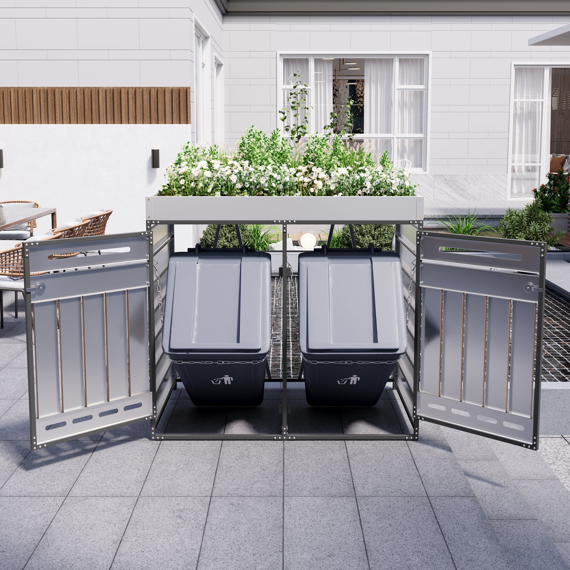 Outdoor Iron Bin Storage Cabinet with Planter Box, Slotted Ventilation and Lock, Wood Grain Panels