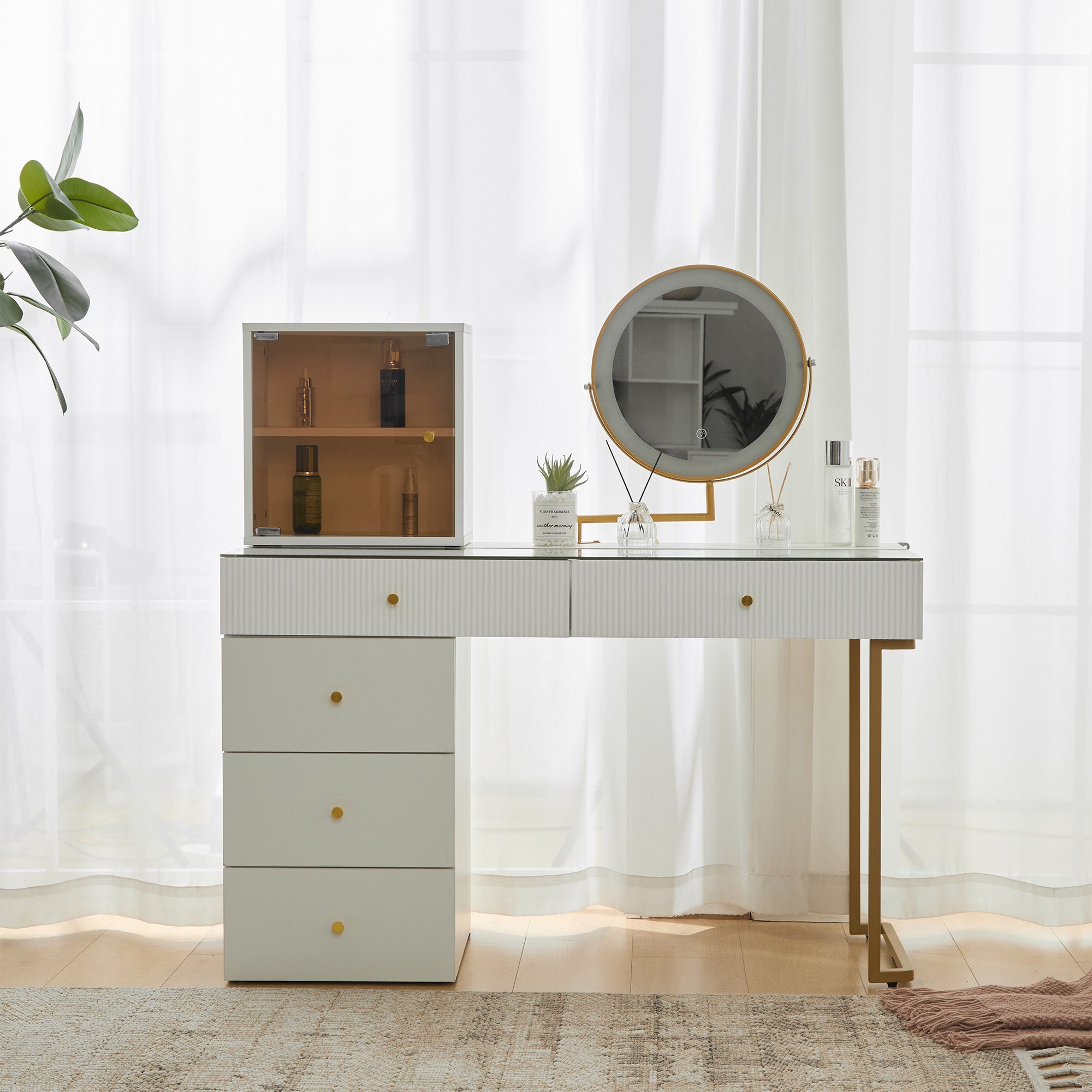 Dressing table set with LED-illuminated mirror, transparent tempered glass tabletop, side cabinet, white