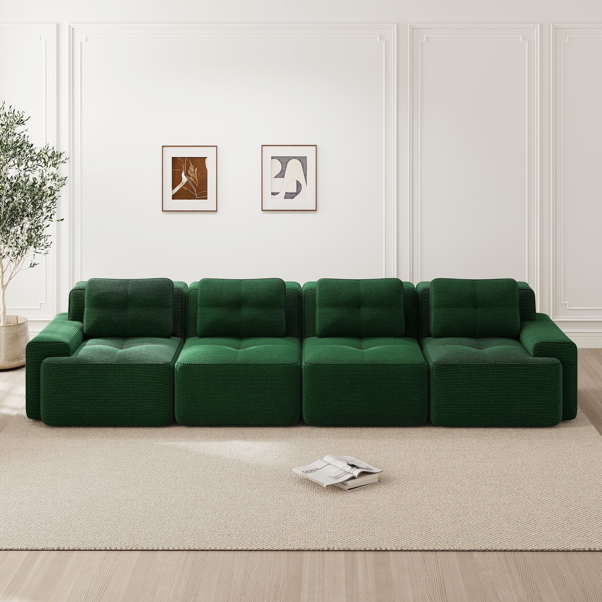 Modular Sofa 4-Seater Deep Seat Corduroy Assembly-Free - Green