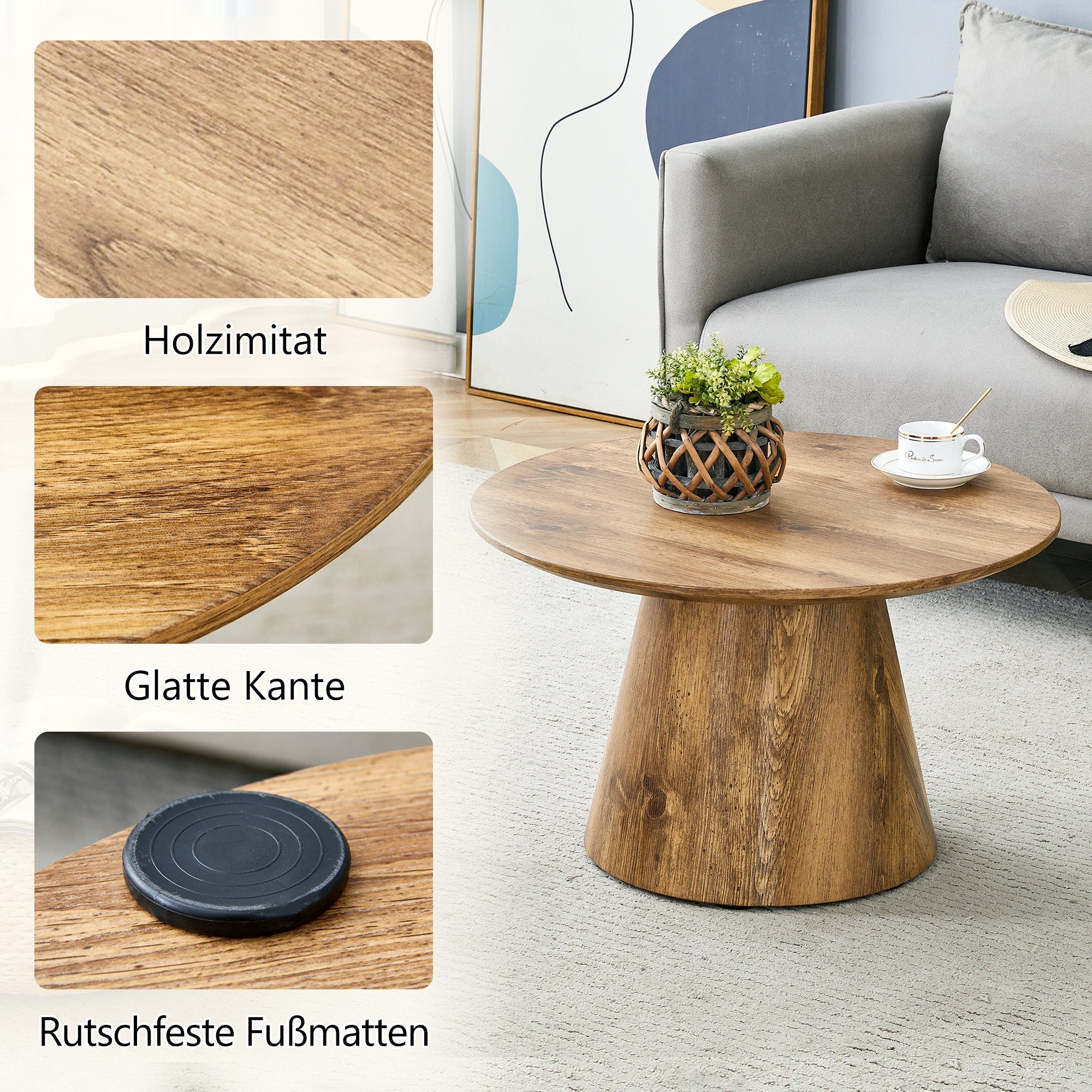 Set of 2 Round Coffee Tables, High and Low Nesting Stool Side Tables, Natural Wood Look MDF