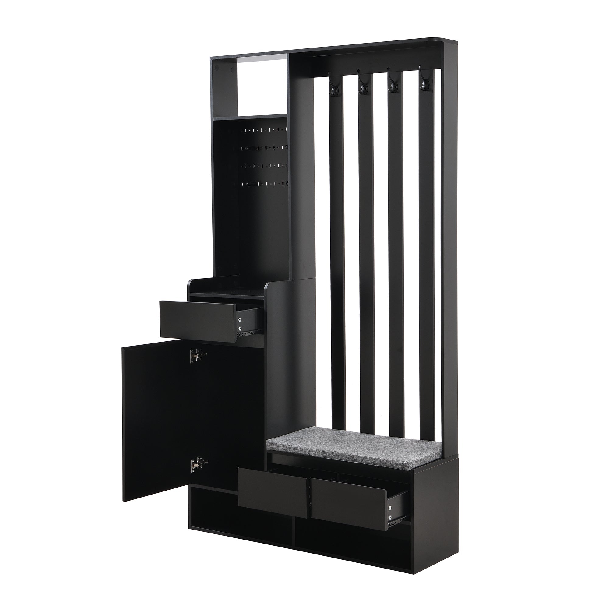 Hallway coat rack with padded storage bench and pegboard, 4 hooks, black