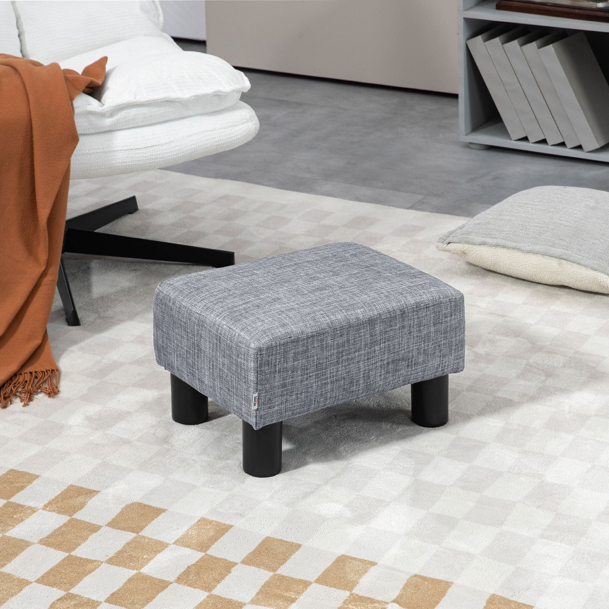 Footstool Ottoman Cube, Linen Fabric with 4 Plastic Legs, Grey