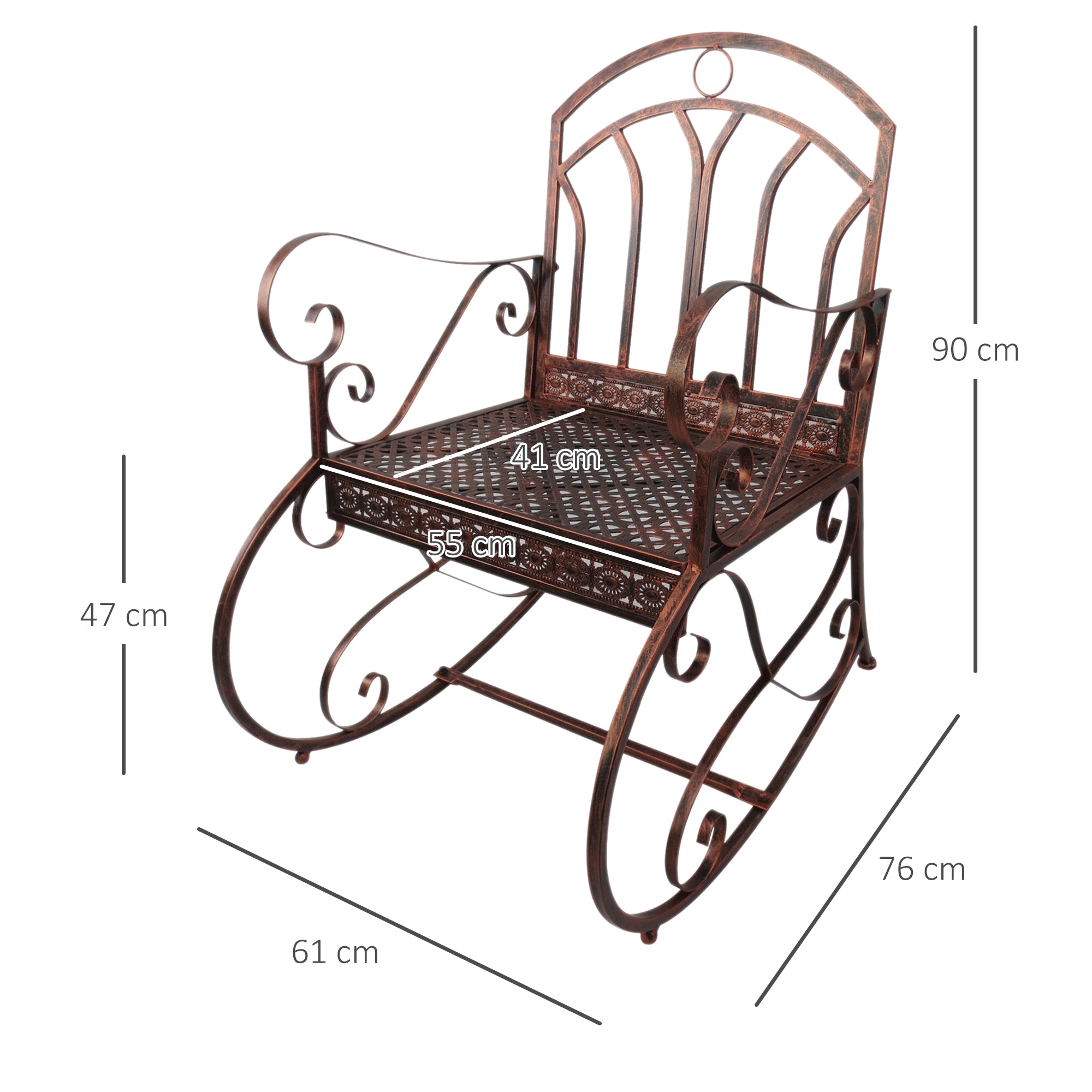 Vintage Rocking Chair 150 kg Capacity Elegant Curves High Comfort, Bronze-Red Metal
