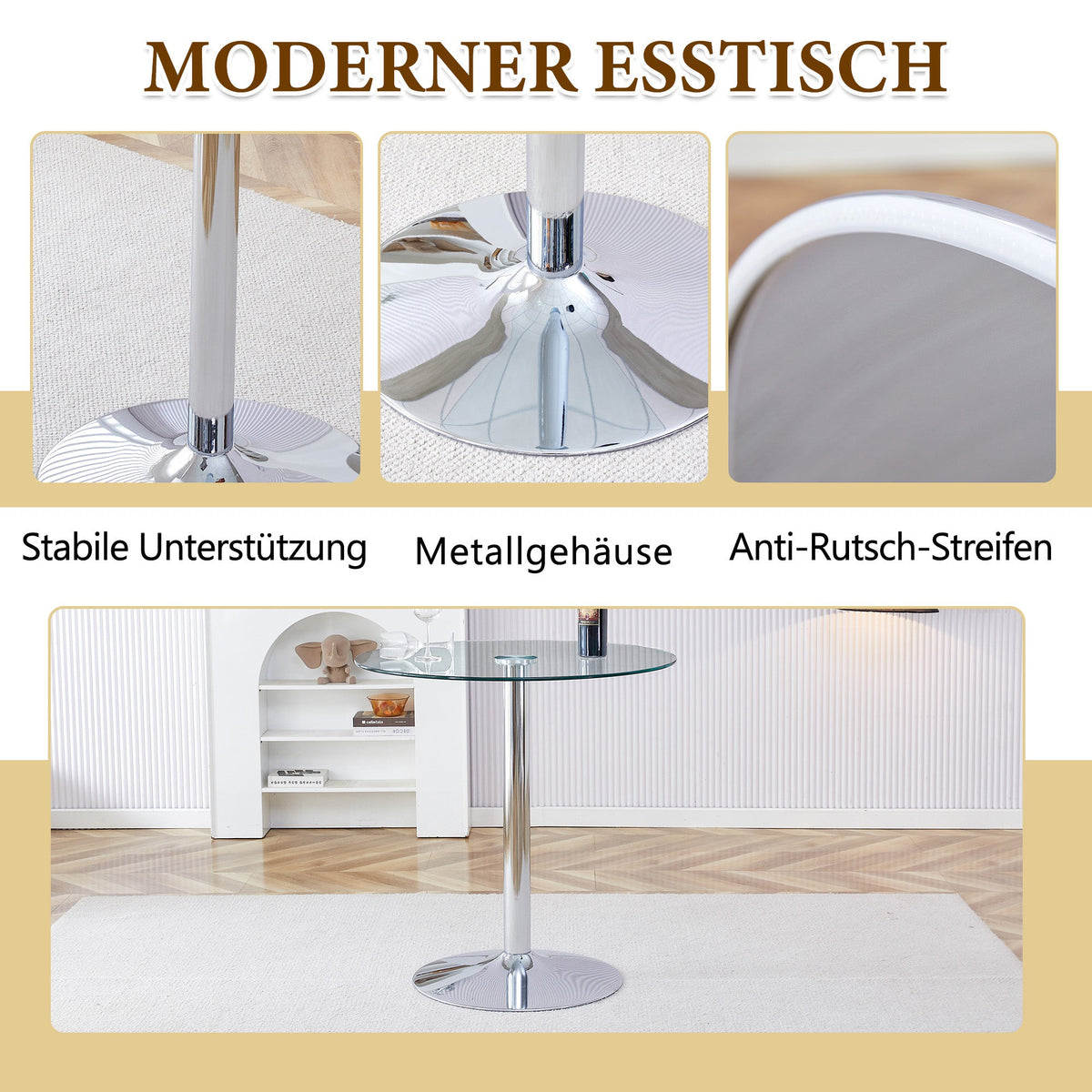 Flexible Bar Set Round Glass Table 89cm 2 Stools - Glass/Silver Legs