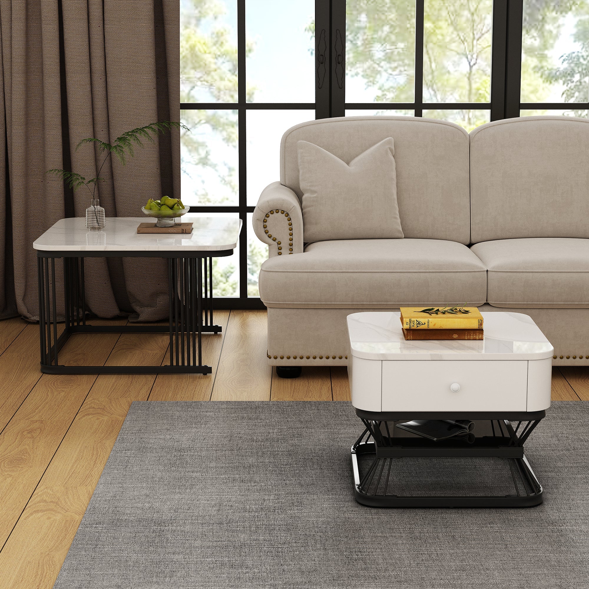 2-Piece Geometric Coffee Table Set with Drawer, High-Gloss Marble Look, White/Black
