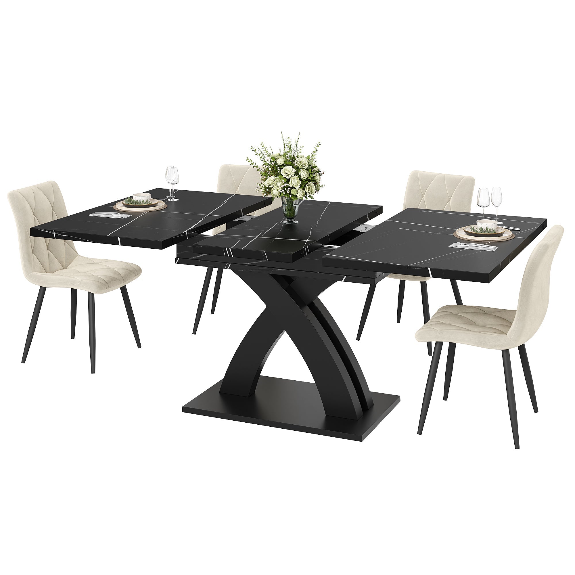 Extendable Dining Table, 120(160) cm Wooden Black Lacquered