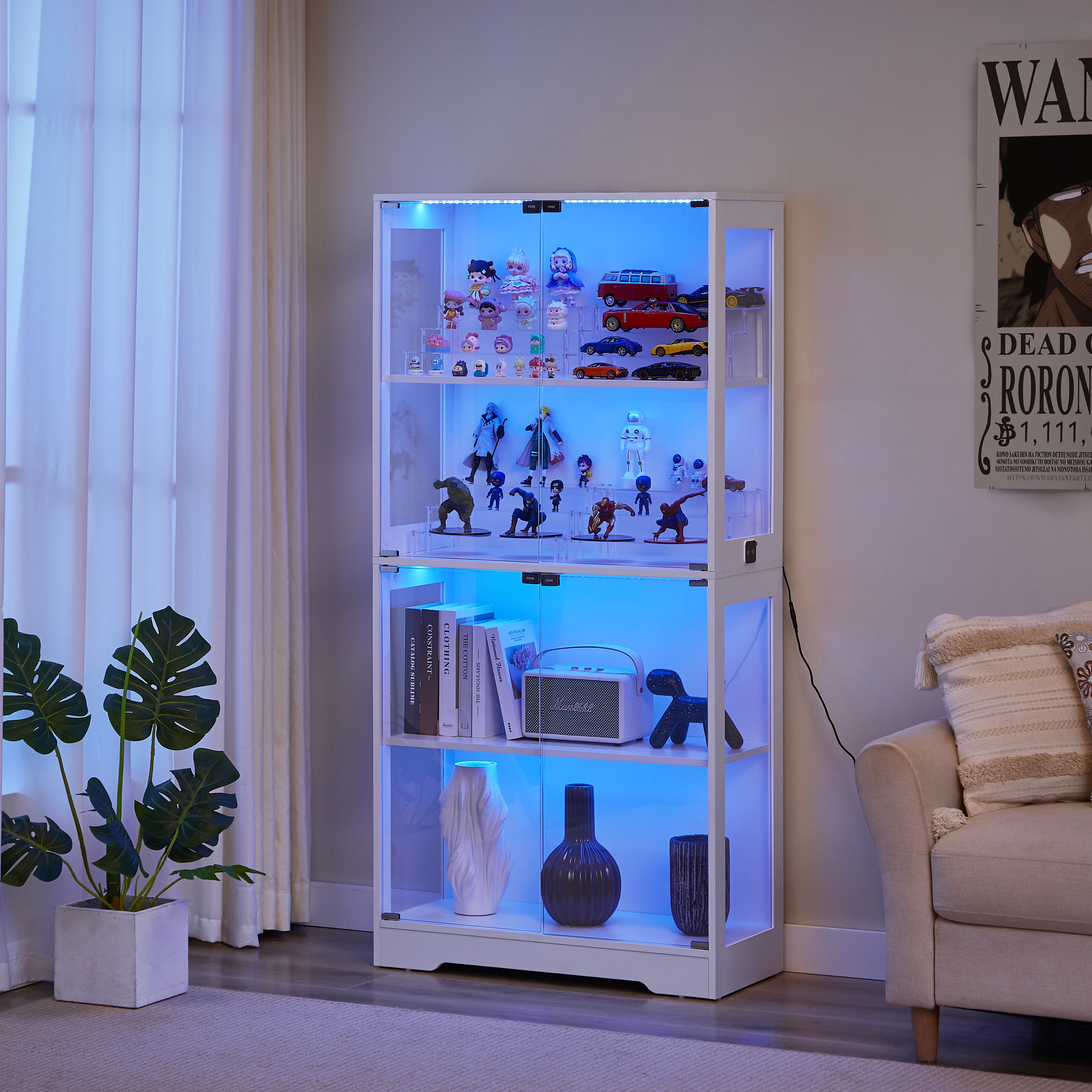 Four-tier Glass Display Case with Storage, LED, Smart Sensors, Dustproof - White