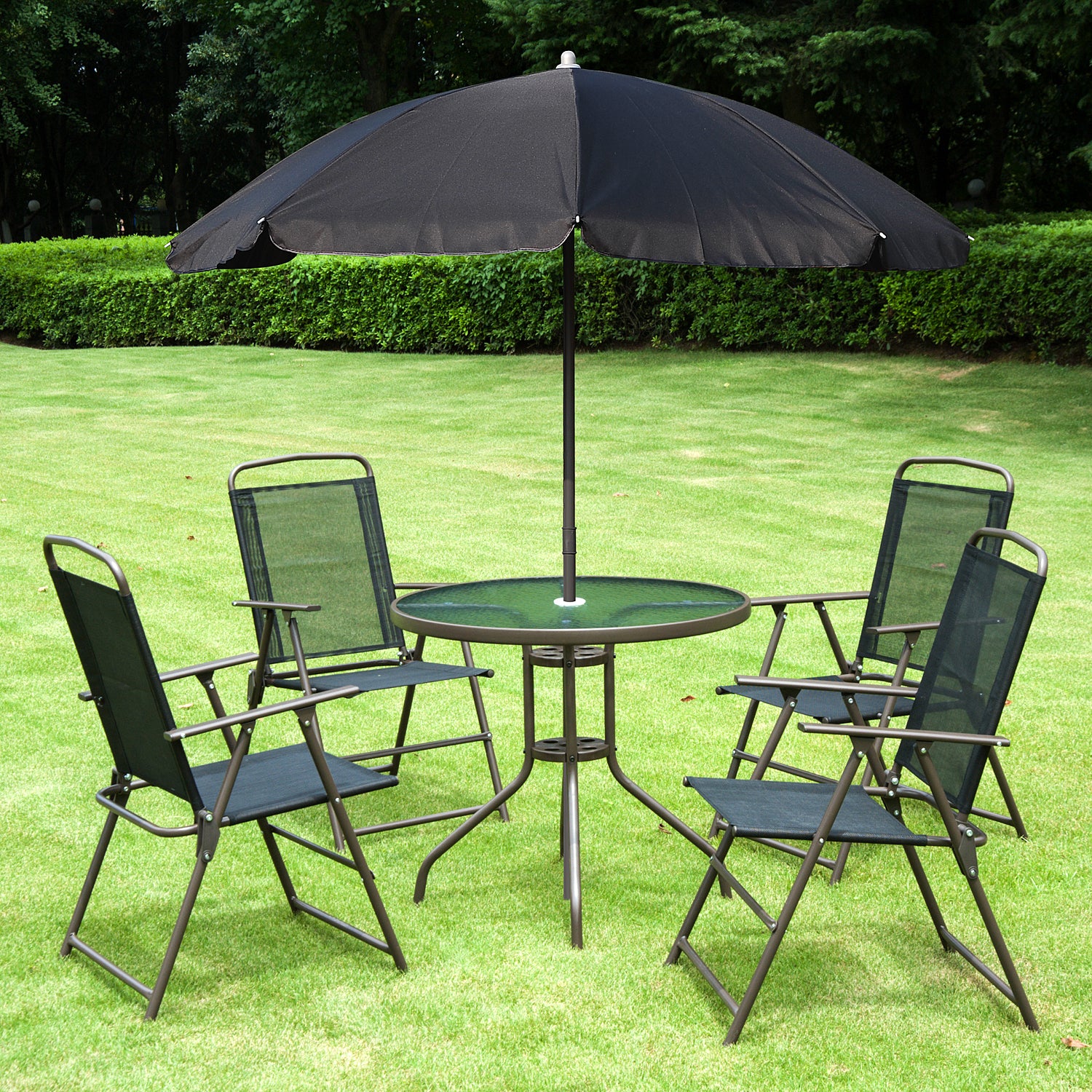 6 Piece Garden Dining Set with Umbrella, 4 Folding Chairs & Round Glass Table, Black