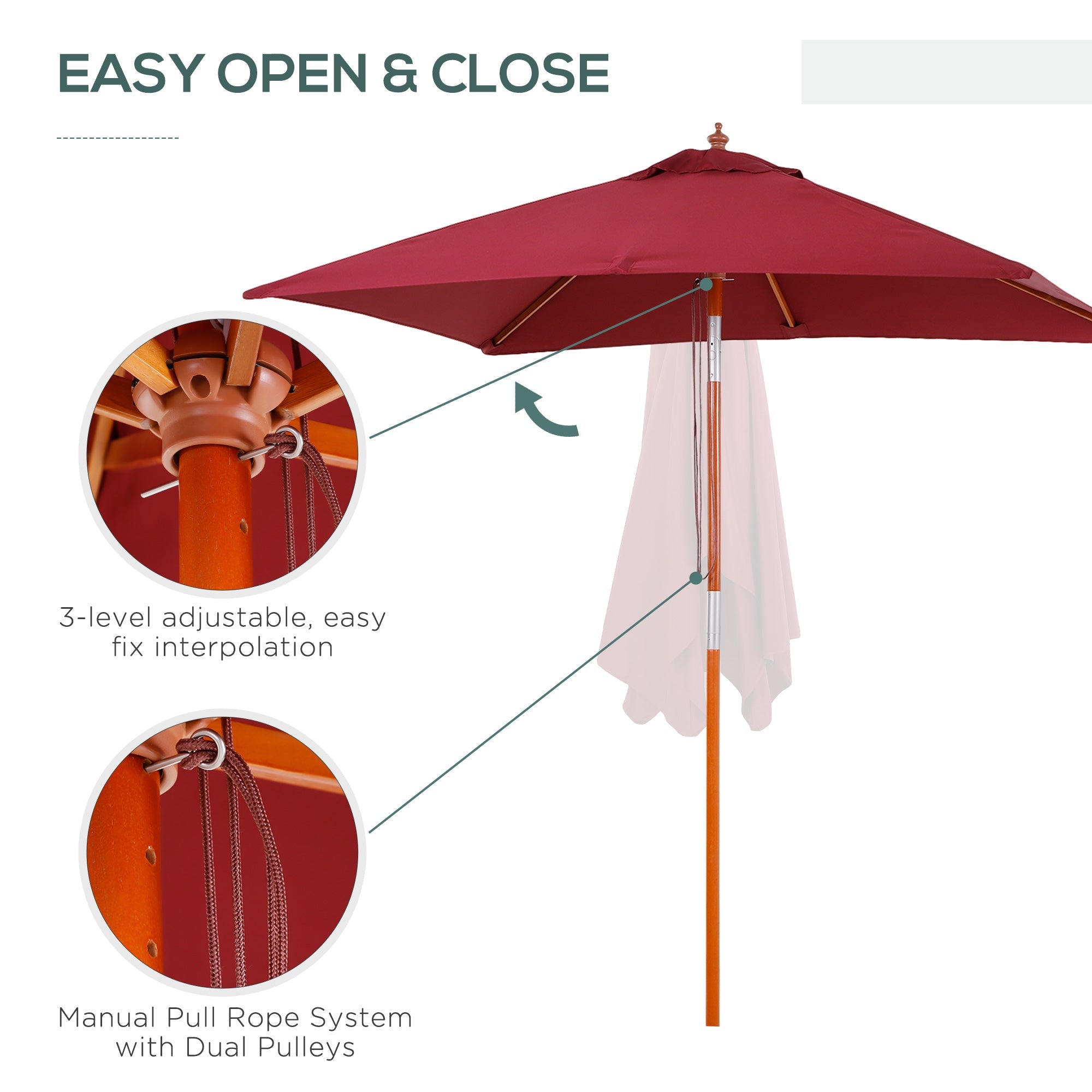 Cantilever Parasol/Sunshade, 3-Stage Adjustable 200x150x230cm for Balcony & Terrace, Fir Wood Wine Red