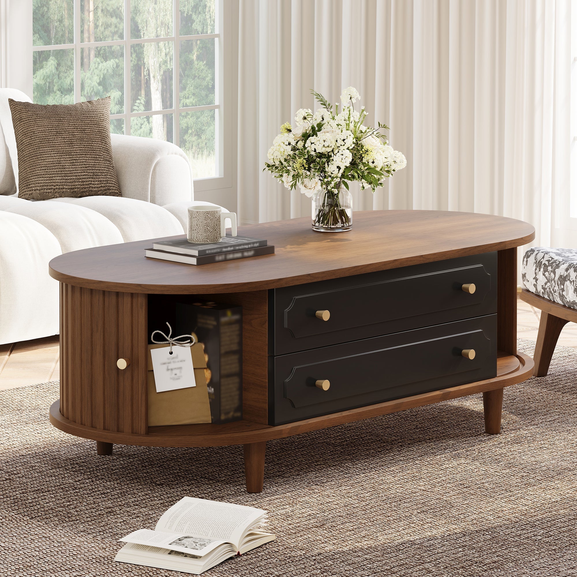 Coffee Table with 2 Drawers and Roll-up Doors, Walnut and Black