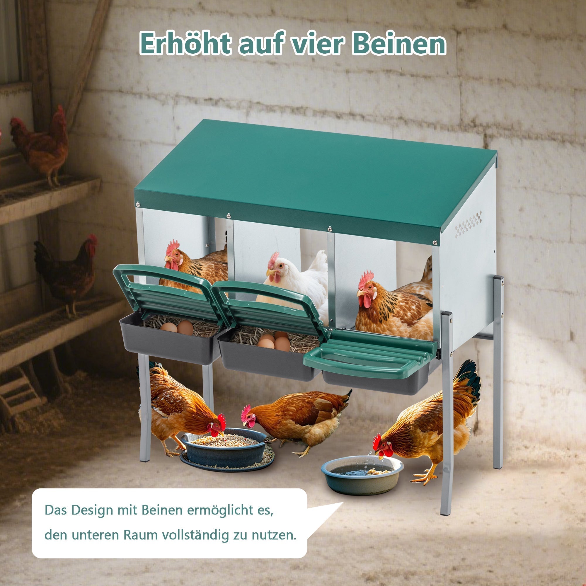 Chicken Nesting Boxes with 3 Holes, Legs and Outdoor Cover, Green