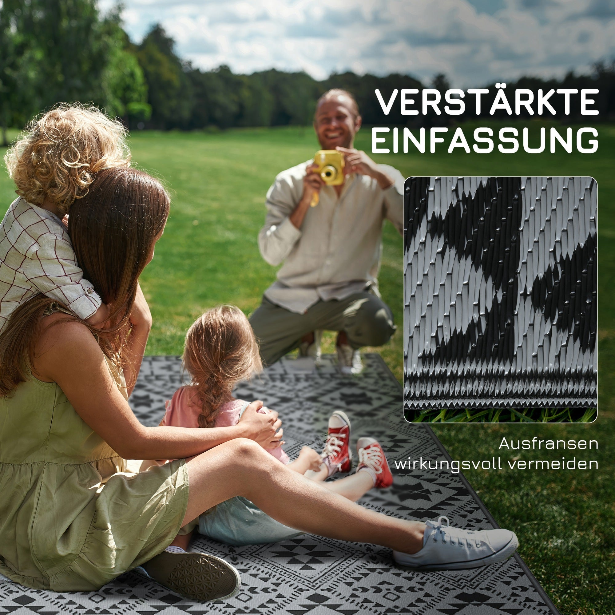 Outdoor Balcony Rug, Waterproof Geometric Eco-Friendly, Black+Grey