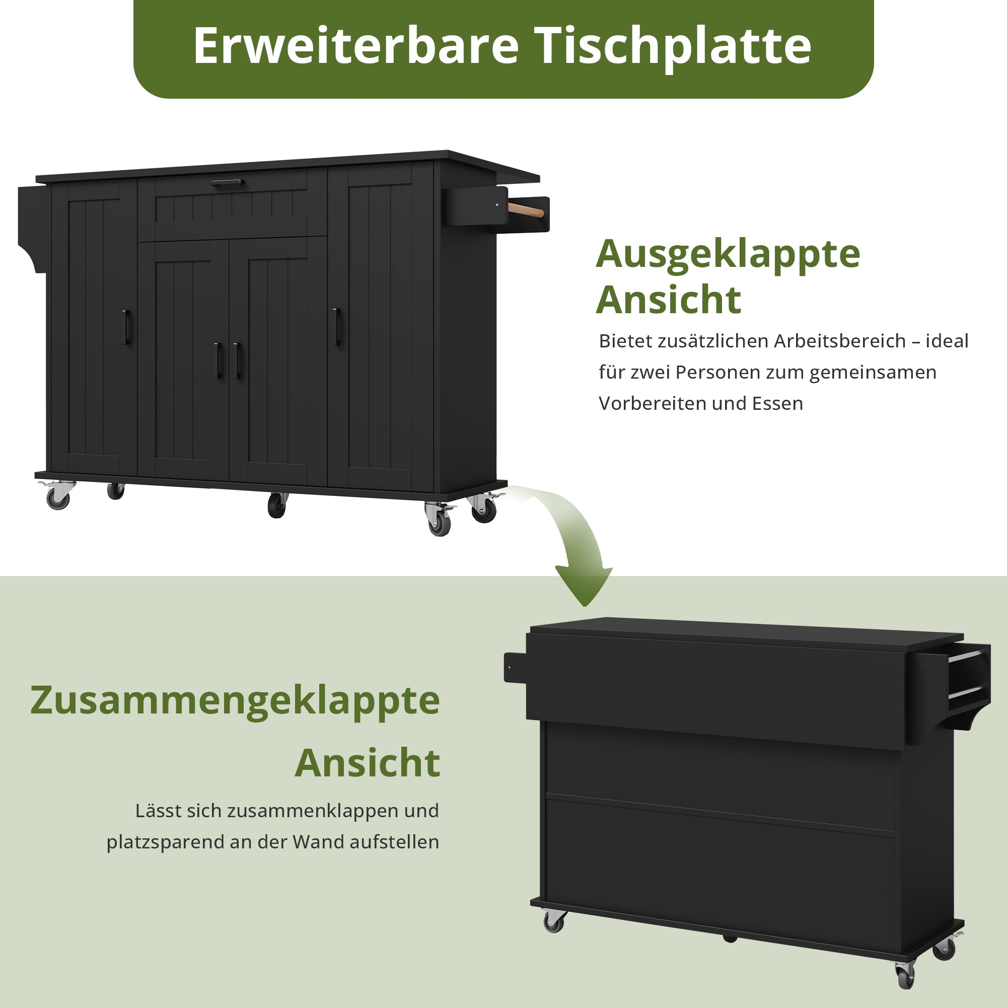 Mobile Kitchen Island with Folding Worktop and Storage Cabinet 4 Doors Black