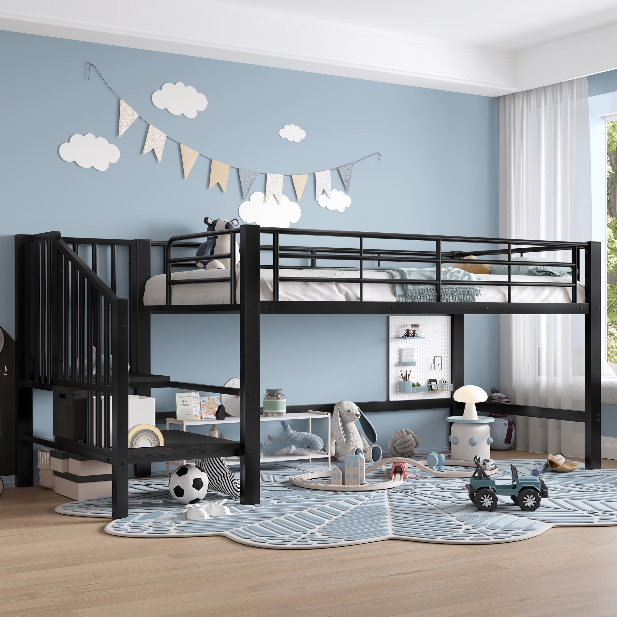 Semi-High Loft Bed 90x200 Storage Stairs Black