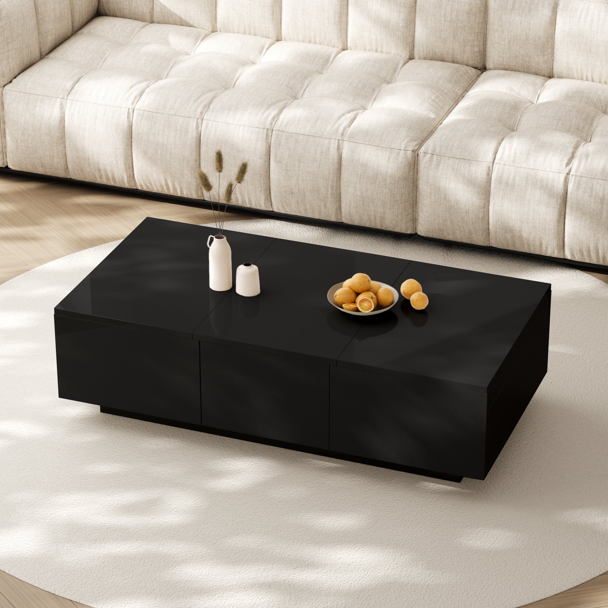 Coffee Table: Black High-Gloss Living Room Table with Push-Pull Storage Structure and Double-Sided Drawers, made of Particle Board.