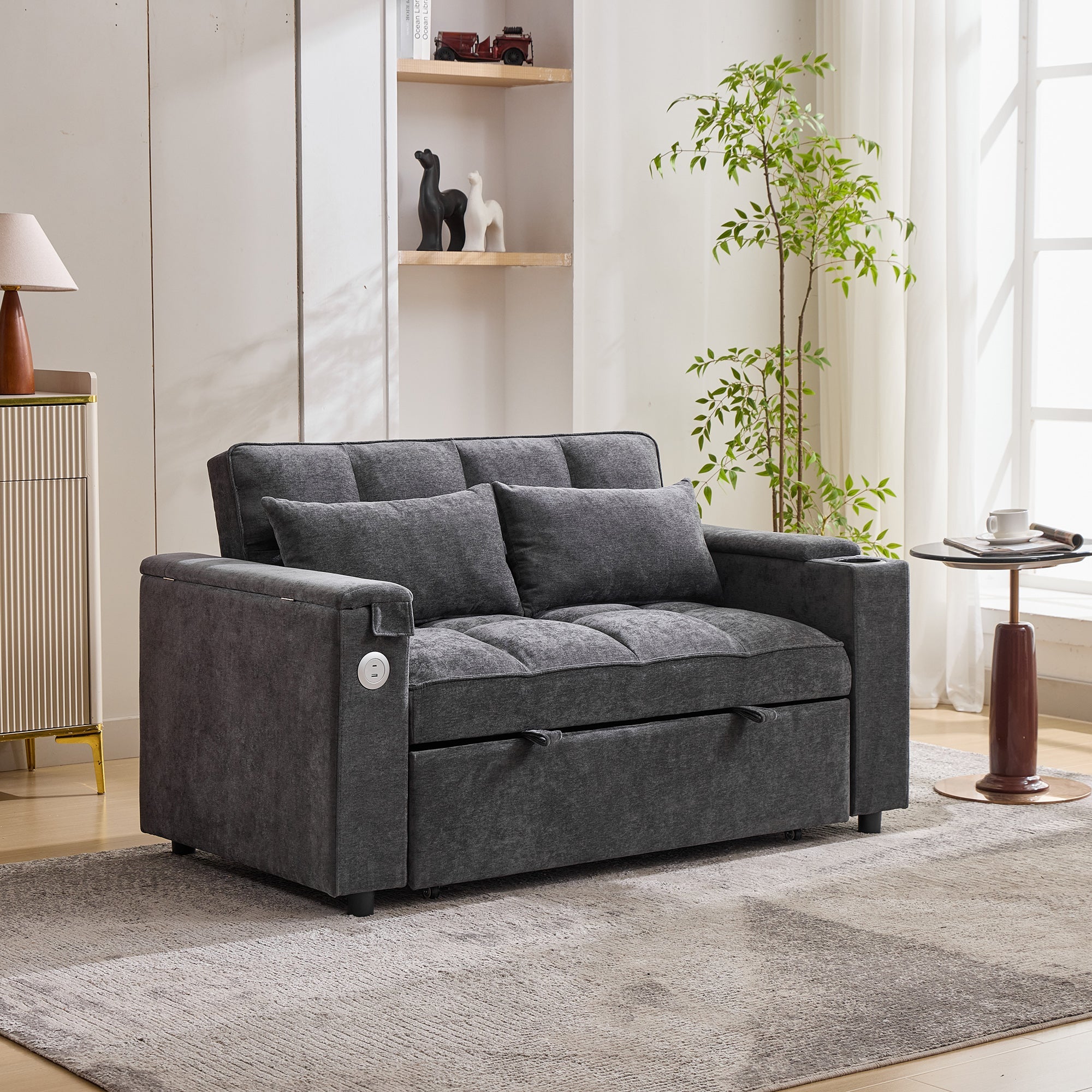 3-in-1 Sleeper Sofa Adjustable USB Hidden Table Cup Holder, Grey