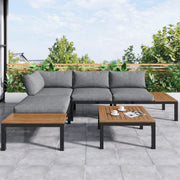 Outdoor Patio & Backyard Furniture Garden Lounge Set for 4, Space Saving L-Shaped Corner Sofa with Wooden Table, Grey