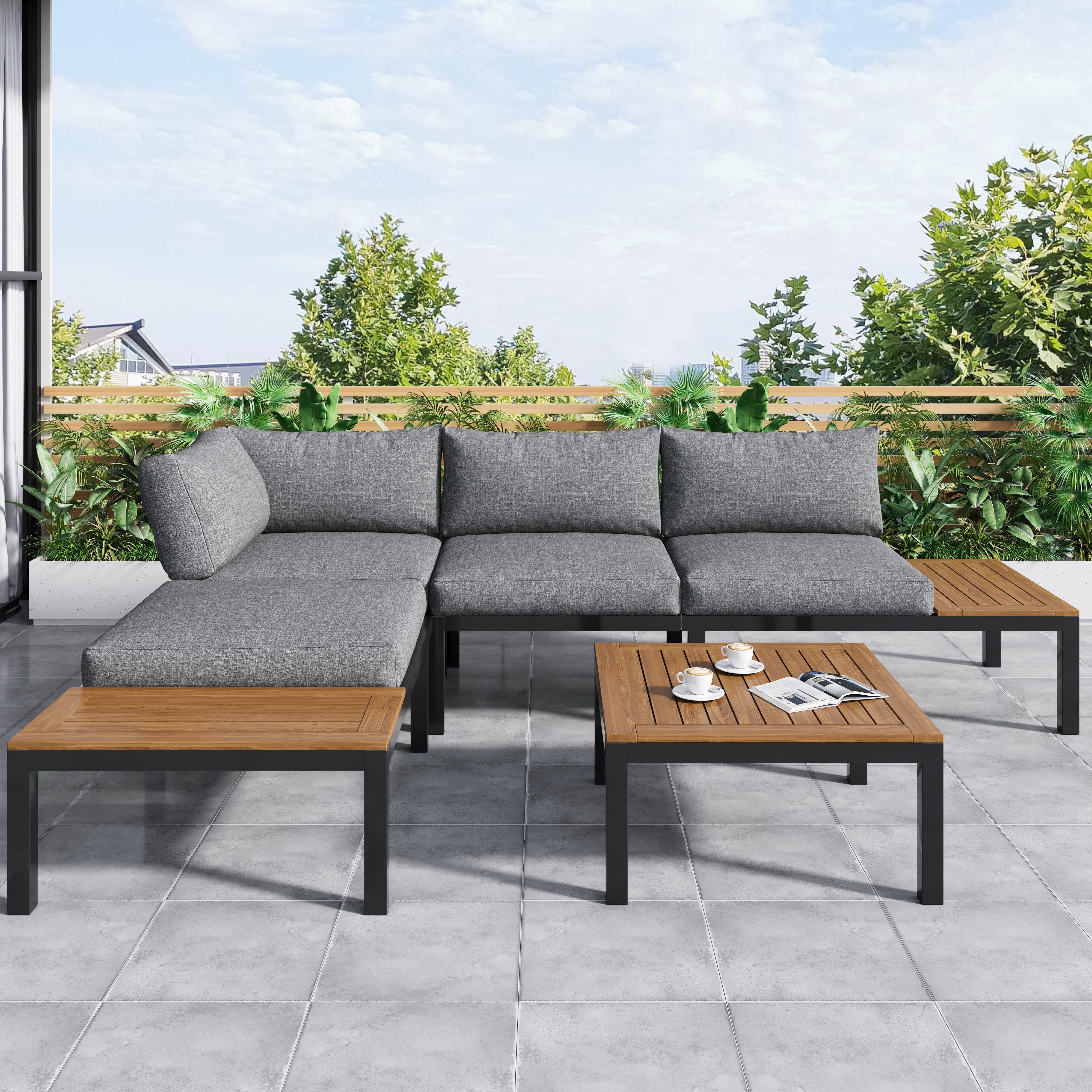 Outdoor Patio & Backyard Furniture Garden Lounge Set for 4, Space Saving L-Shaped Corner Sofa with Wooden Table, Grey