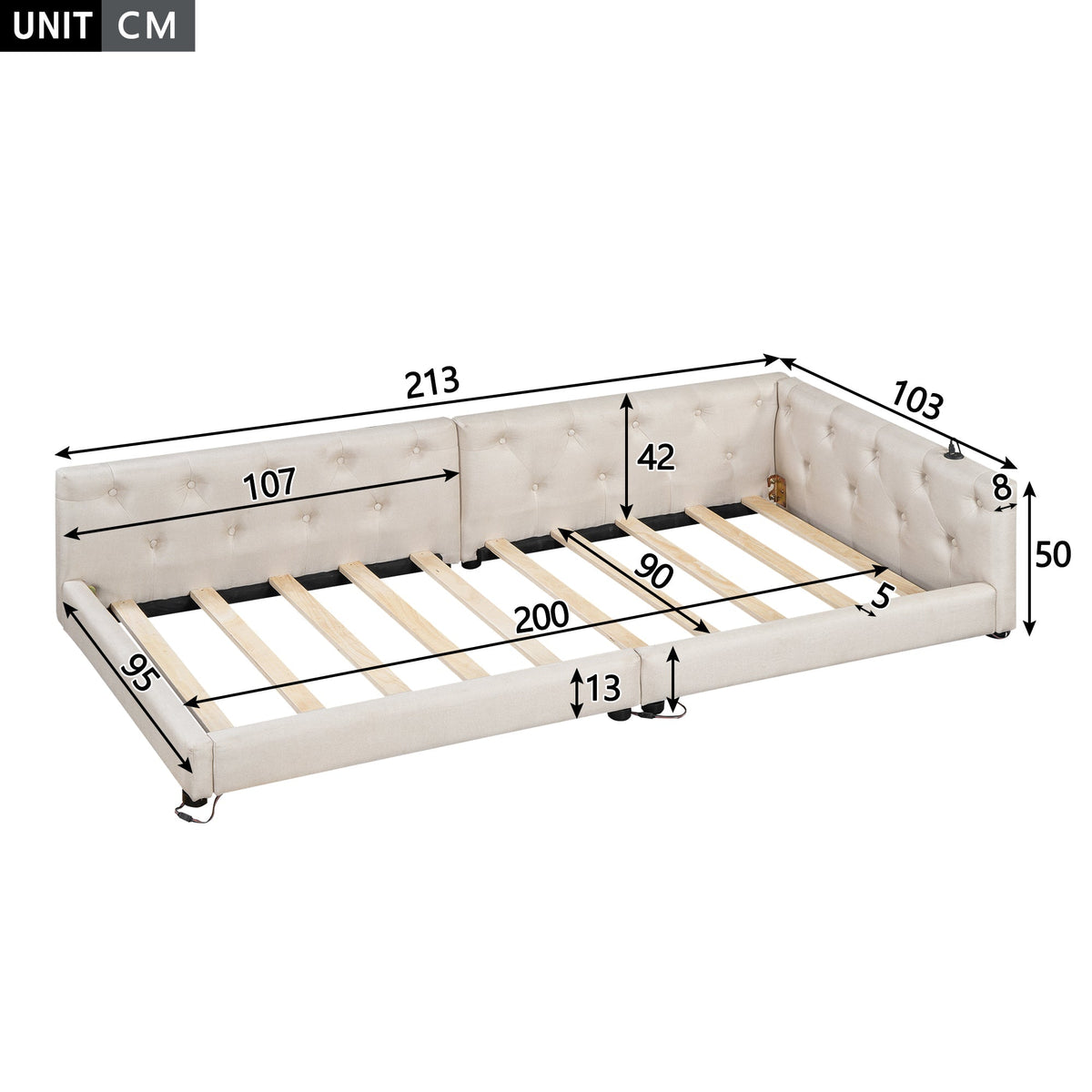 Daybed Sofa Bed 90x200cm LED Light USB/Type-C Button Tufting - Linen Beige