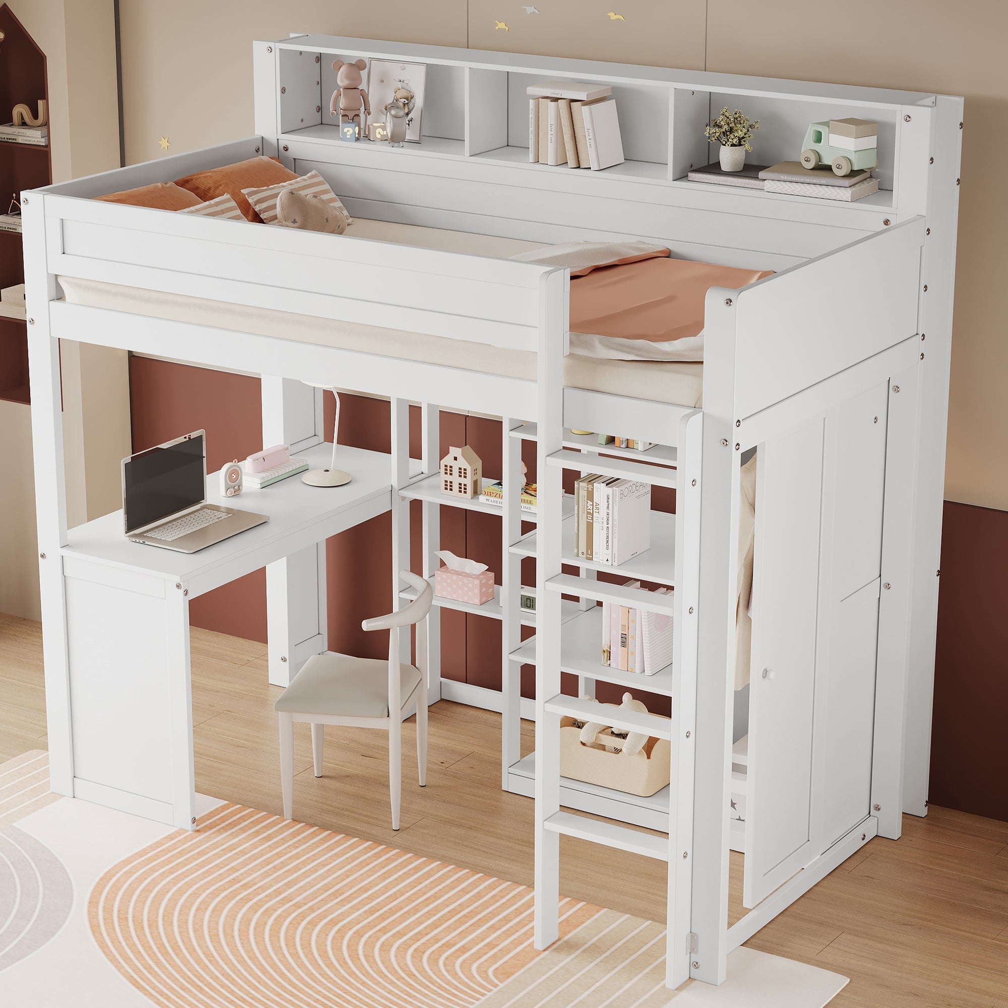 Bunk Bed with Table & Wardrobe, Safety Gate & Shelves, Pine+MDF+Plywood, White, 90x200cm