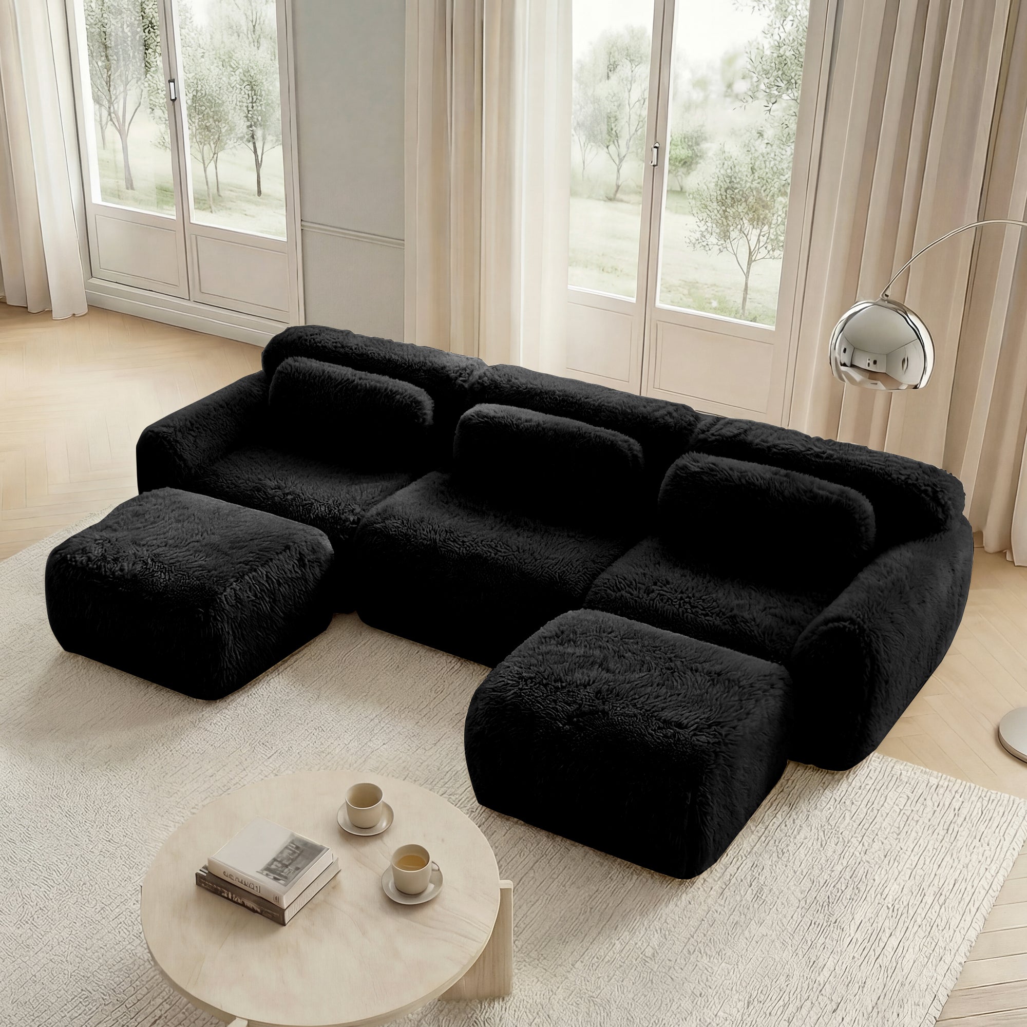 U-shaped Modular Sofa Plush Fabric No Assembly With Cushions - Black