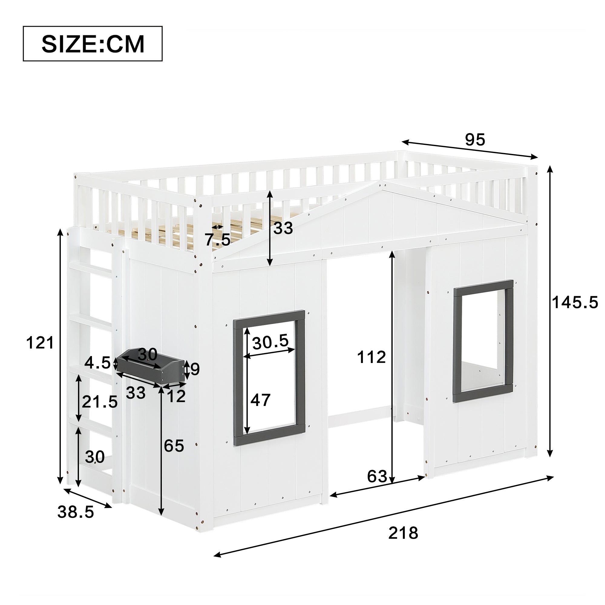 House Bunk Bed 90x200cm, Stairs Railing Window Storage, Pine+MDF White
