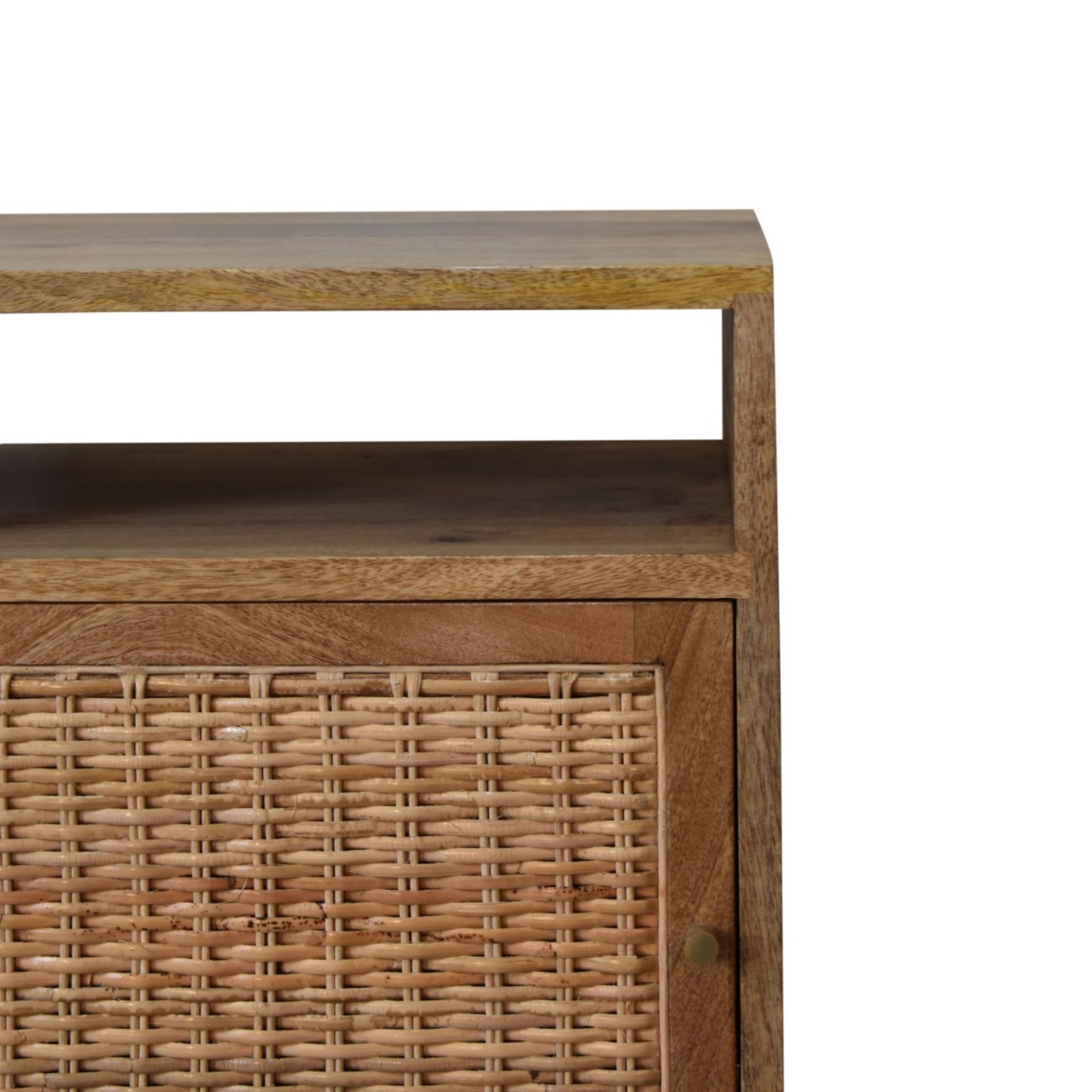 Solid Wood Bedside Table with Knit Door and Open Slot, Beige