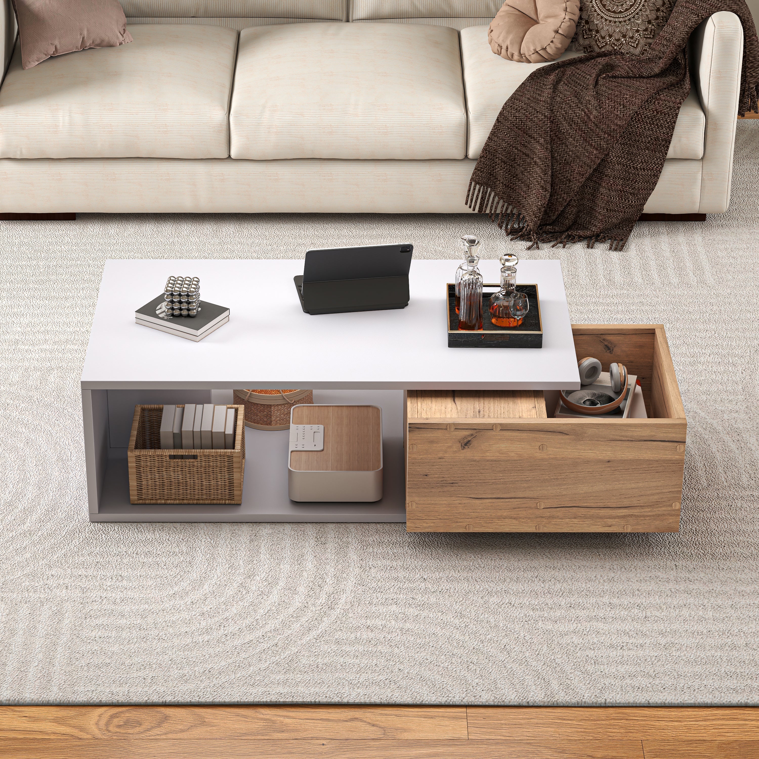 Coffee Table High-Gloss 360° Rotating Drawer Storage 90x50x30cm - White/Wood