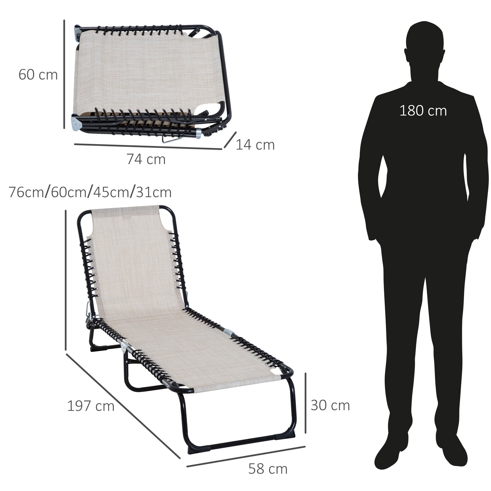 Foldable Sun Lounger 4-Position Adjustable Backrest Steel Mesh Fabric, Beige