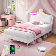 3ft Single Upholstered Bed with LED Adjustable Crown Shape Headboard, Cream White PU Leather