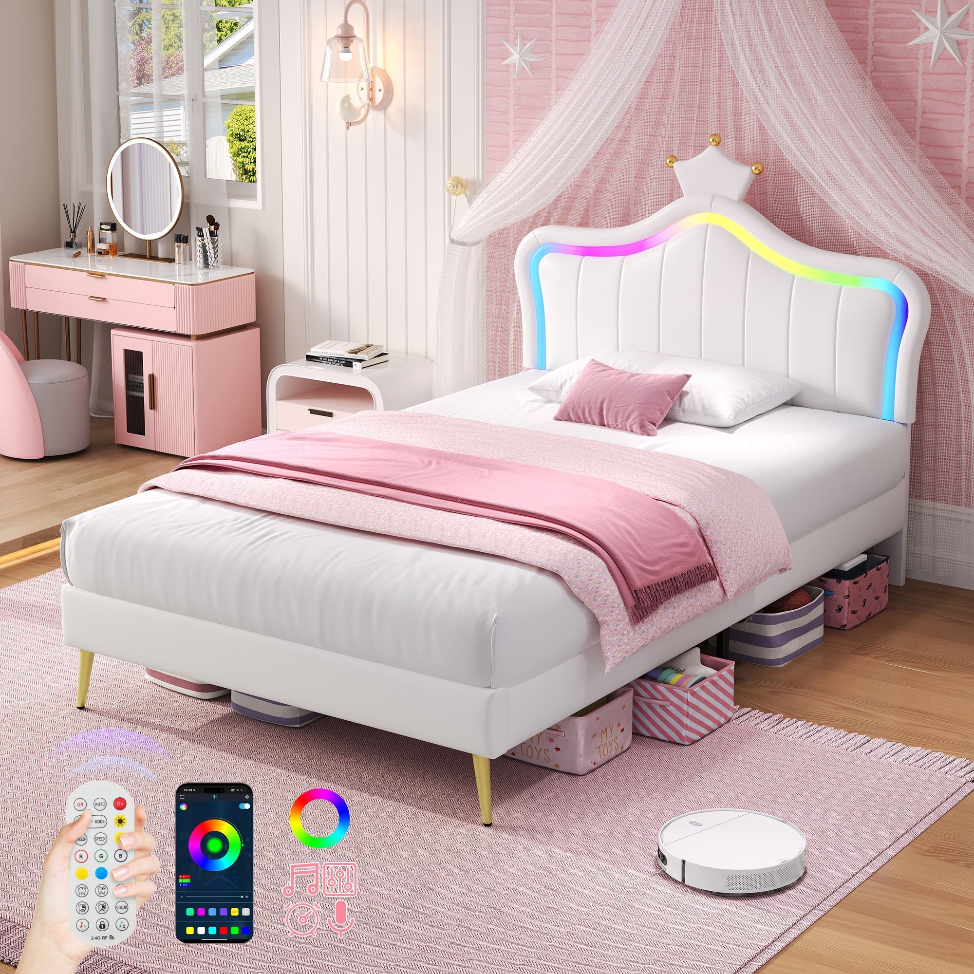 3ft Single Upholstered Bed with LED Adjustable Crown Shape Headboard, Cream White PU Leather