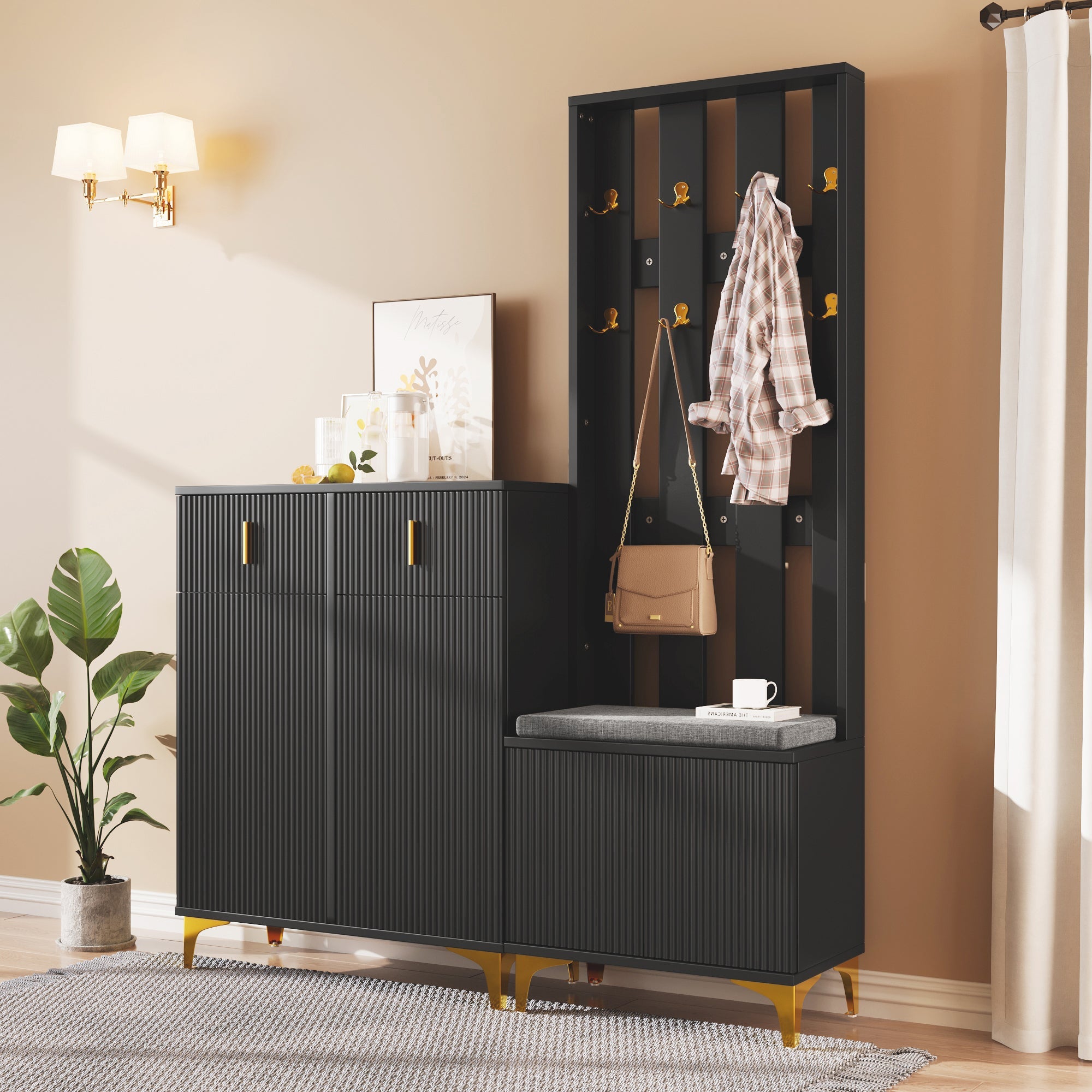 Wardrobe Set, Shoe Bench, Hooks, Drawers & Doors, Black Particleboard