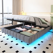Upholstered Bed 160x200cm, Hydraulic Floating Storage Frame with LED Light, Linen Grey