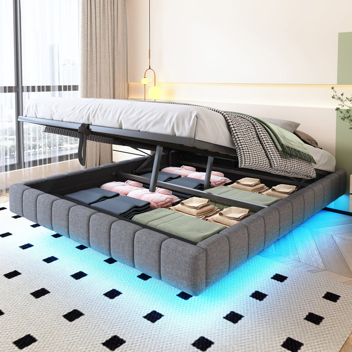Upholstered Bed 160x200cm, Hydraulic Floating Storage Frame with LED Light, Linen Grey