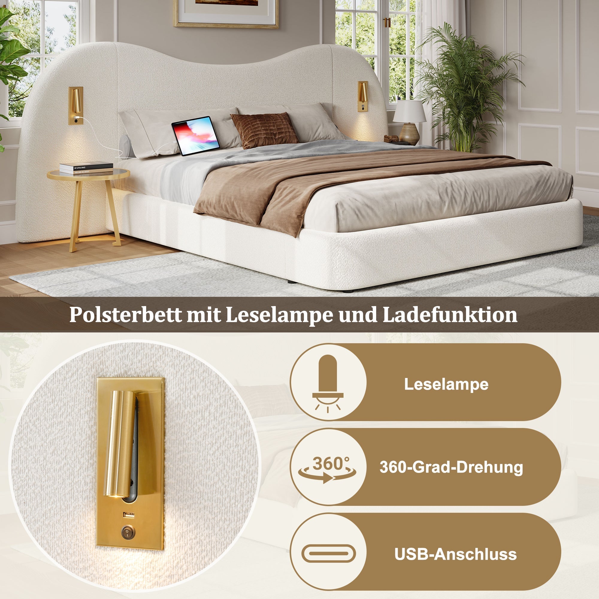 Upholstered Double Bed 180x200cm Hydraulic Storage USB Reading Lamp White Bouclé