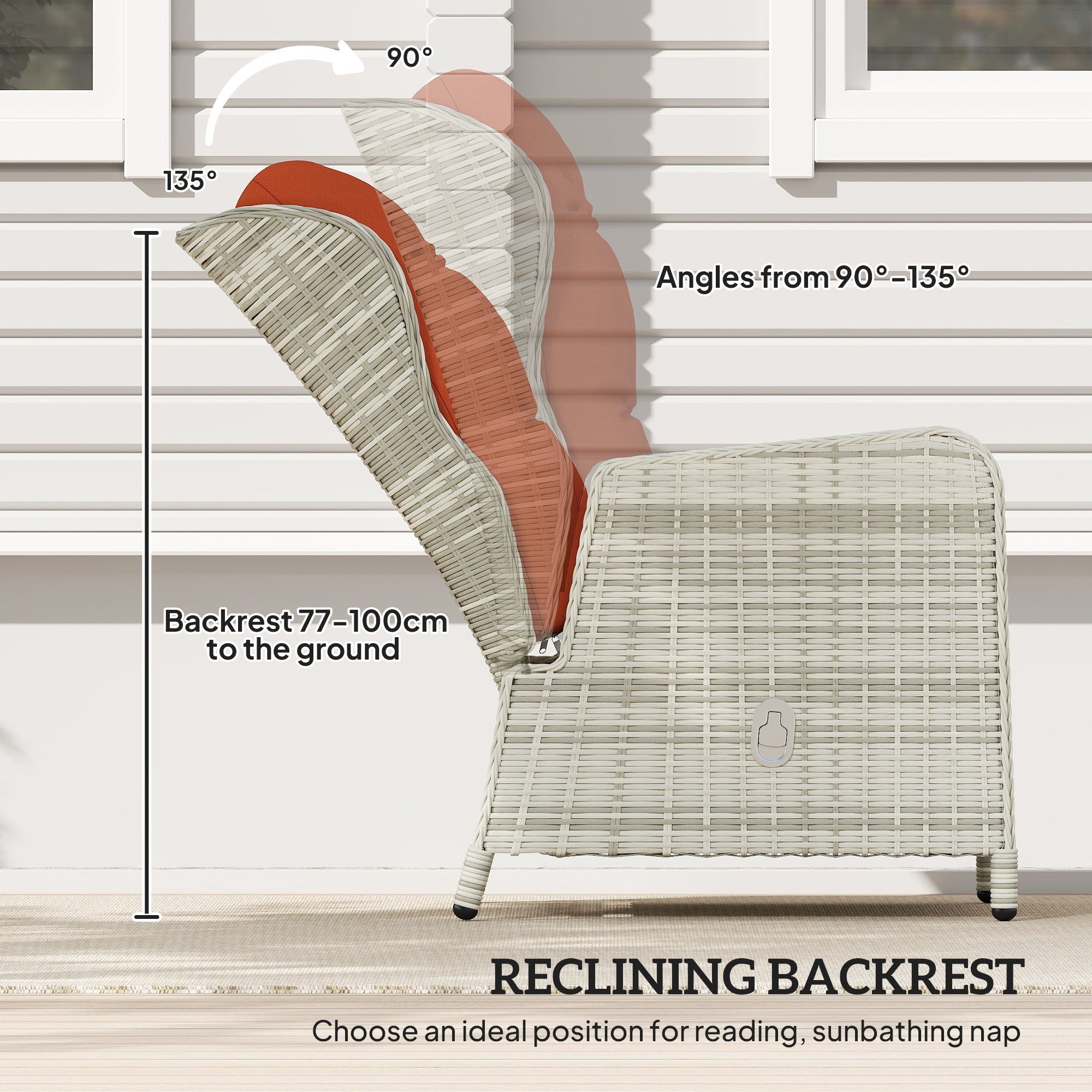 5 Pieces Rattan Bistro Set, Adjustable Reclining Chairs with Cushions and Glass Top Table, Orange