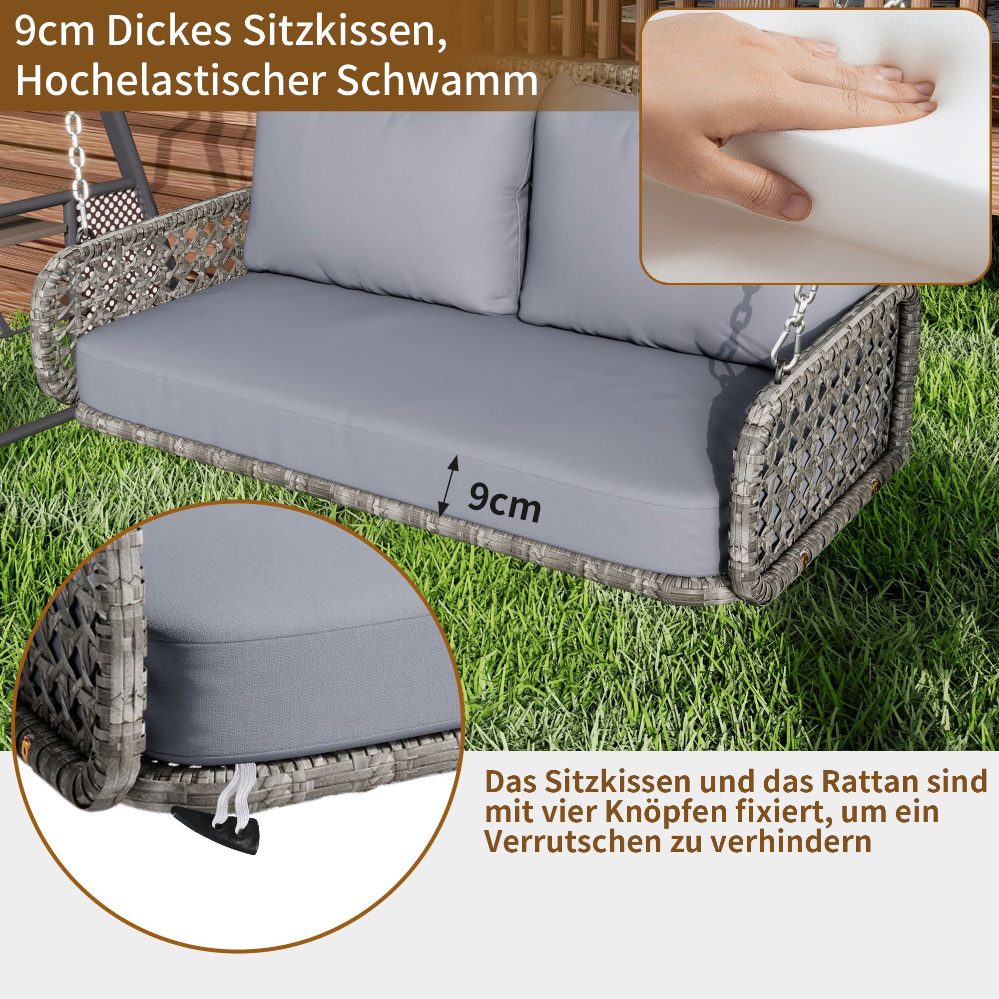 PE Rattan Double Swing Seat with Cushions and Chains, Grey
