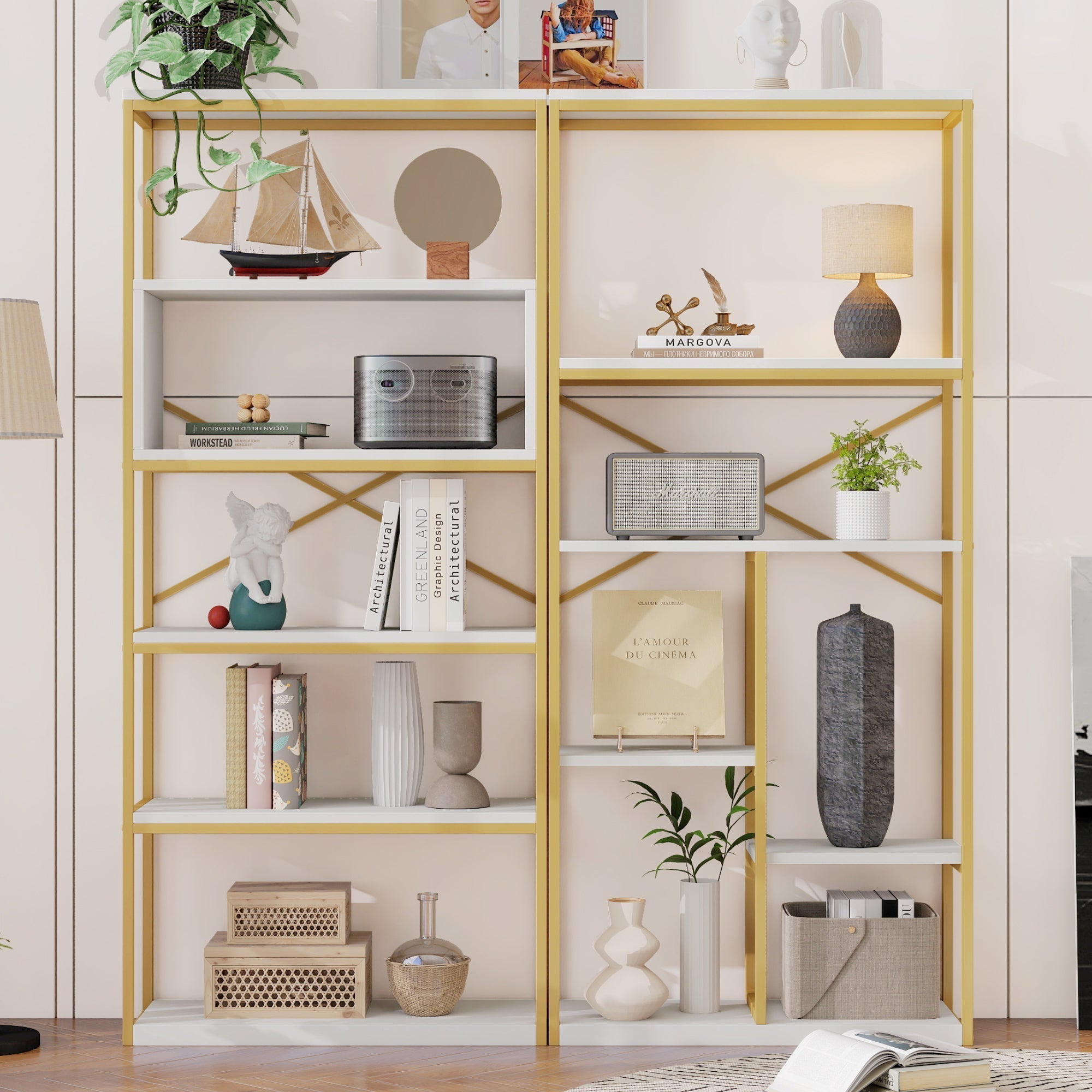 Modern Minimalist Shelf with Multi-Tier Storage and Steel Frame, Gold and White