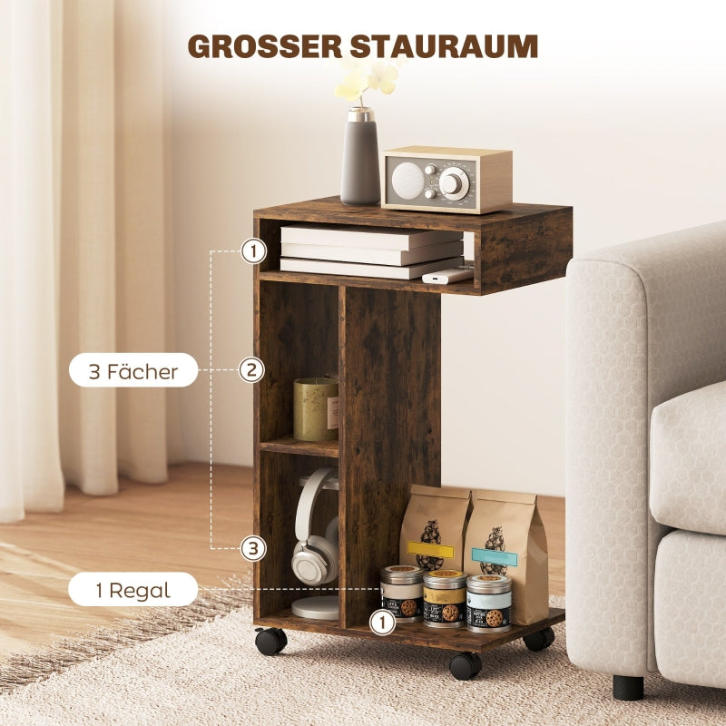 C-Shaped Serving Cart 4 Wheels 3 Compartments - Rustic Brown
