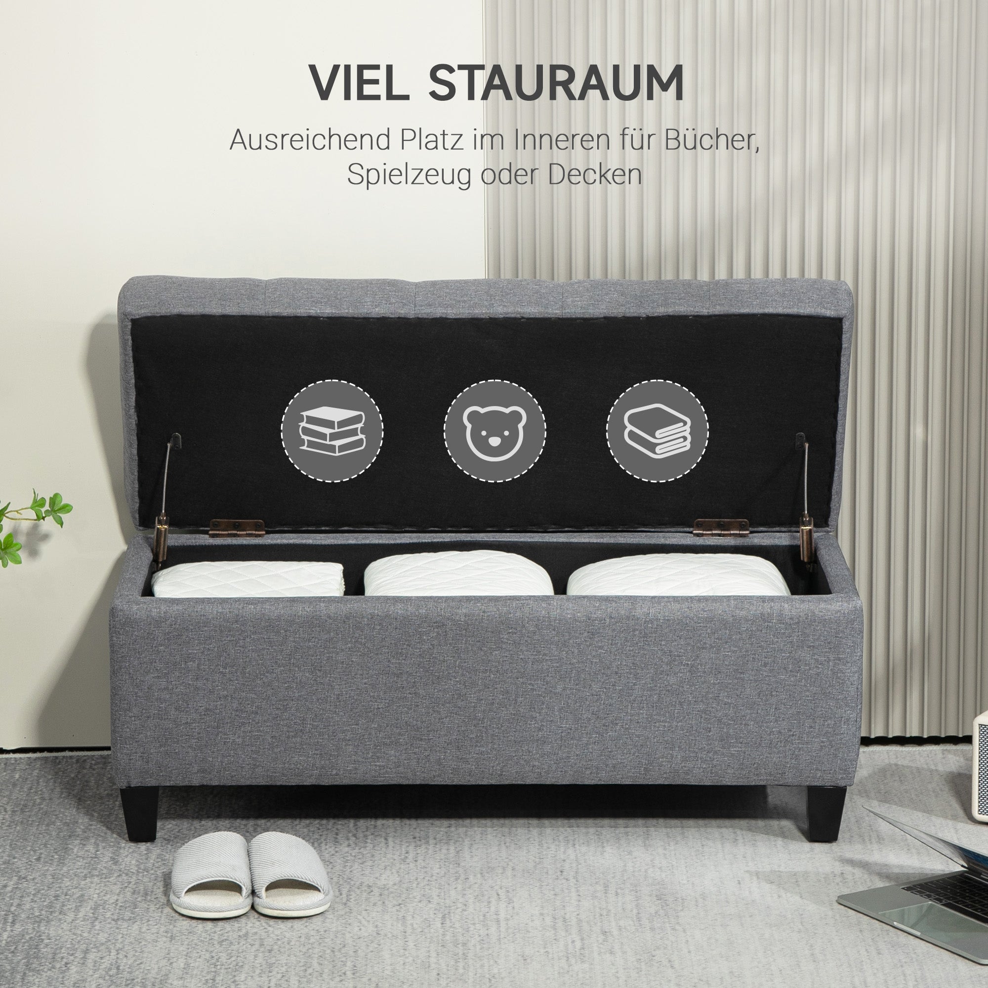 Upholstered Bench Storage Chest Hallway Bedroom 100x40x44 cm, Light Grey Polyester/Rubberwood