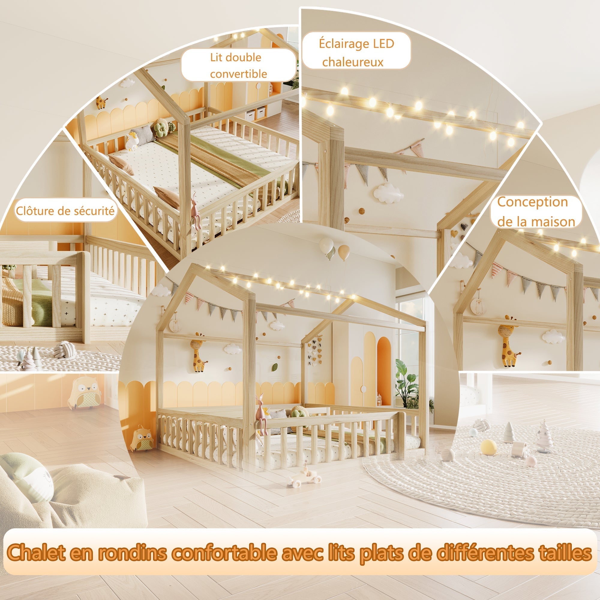 Children's Flatbed Expandable 90/180x190cm House Railing LED Pine Wood Natural