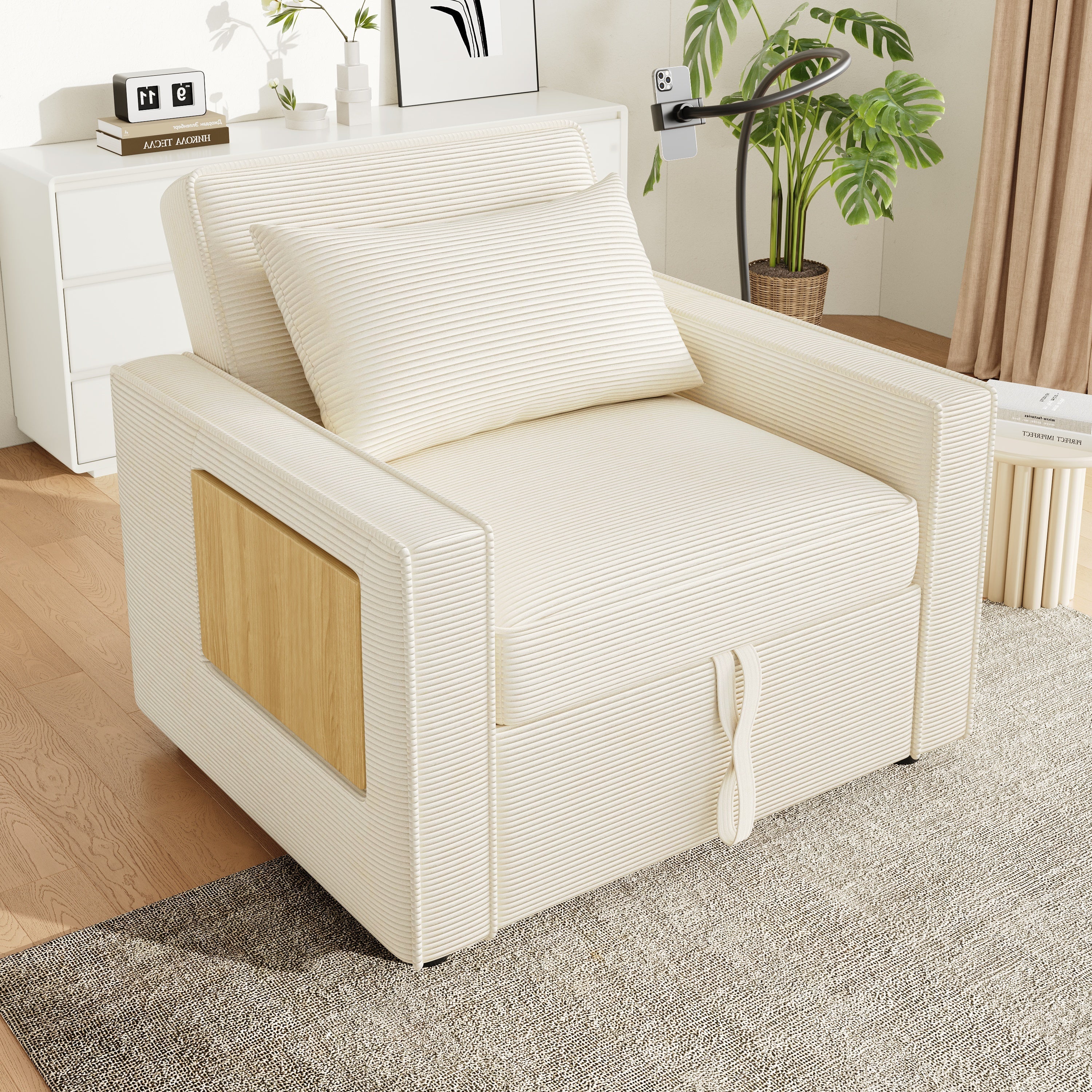 Multifunctional Foldable Sofa Bed 1-Seater Recliner USB Charging Space-Saving Corduroy Fabric Beige